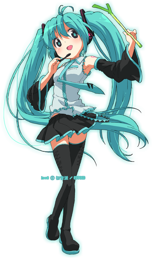 esteed, hatsune miku, vocaloid, aqua hair, boots, detached sleeves, long hair, microphone, solo, spring onion, thigh boots, thighhighs, transparent background, twintails, very long hair, zettai ryouiki