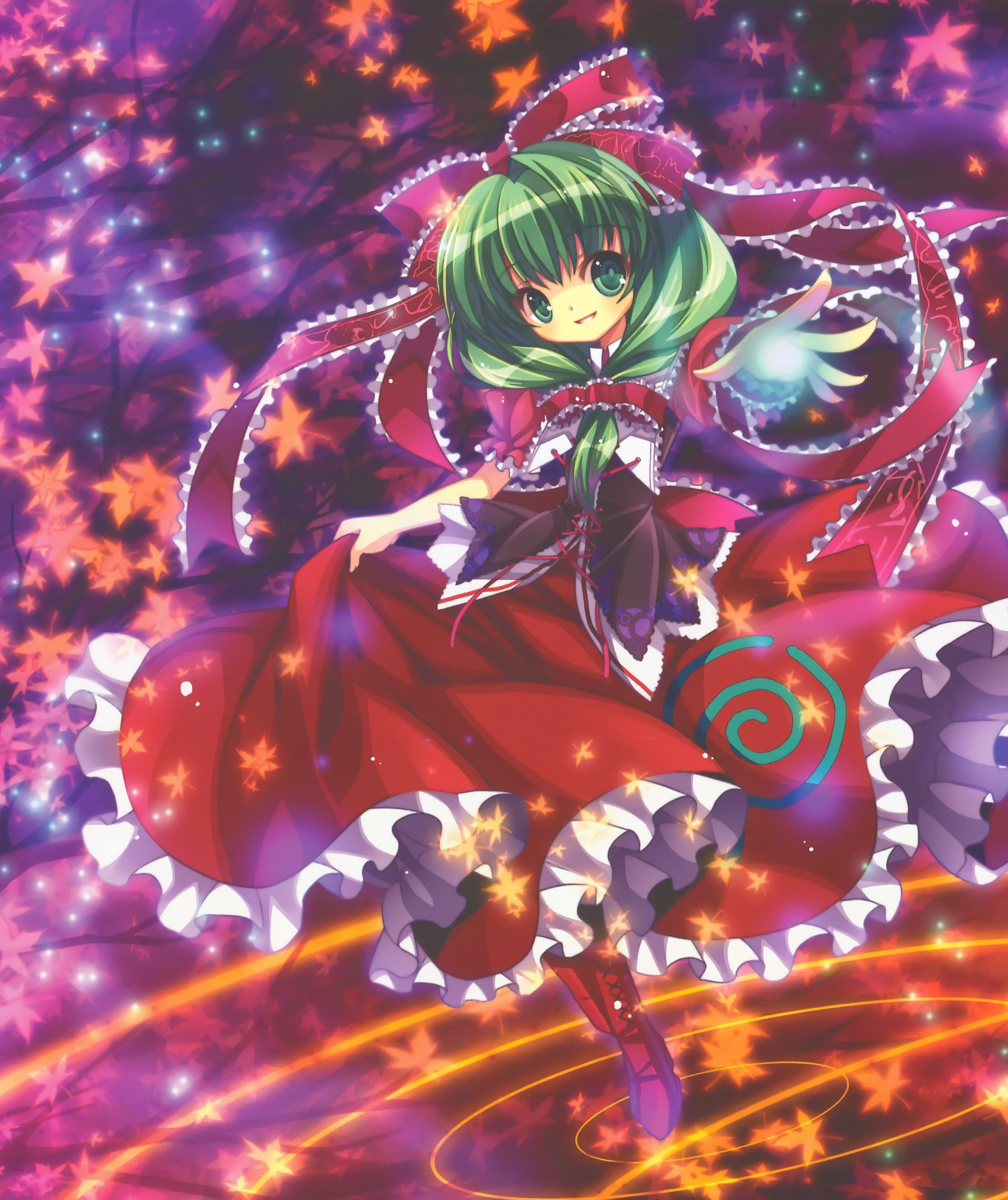capura lin, kagiyama hina, touhou, absurdres, highres, 1girl, autumn, dress, female focus, front ponytail, green eyes, green hair, leaf, matching hair/eyes, outstretched arm, outstretched hand, ribbon, smile, solo