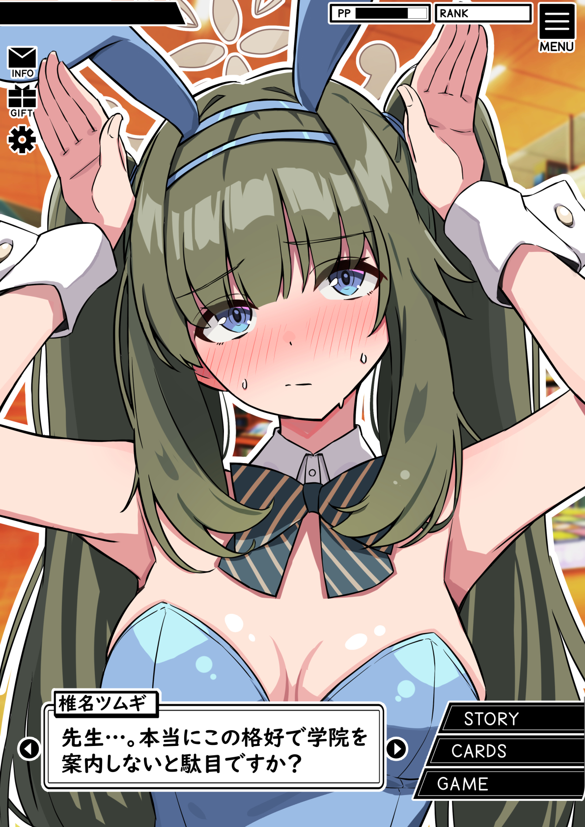 amenocchi, tsumugi (blue archive), blue archive, highres, 1girl, alternate hairstyle, animal ears, bare shoulders, blue eyes, blue leotard, blush, bow, bowtie, breasts, brown halo, cleavage, closed mouth, fake animal ears, green hair, halo, hands up, large breasts, leotard, long hair, playboy bunny, rabbit ears, solo, twintails