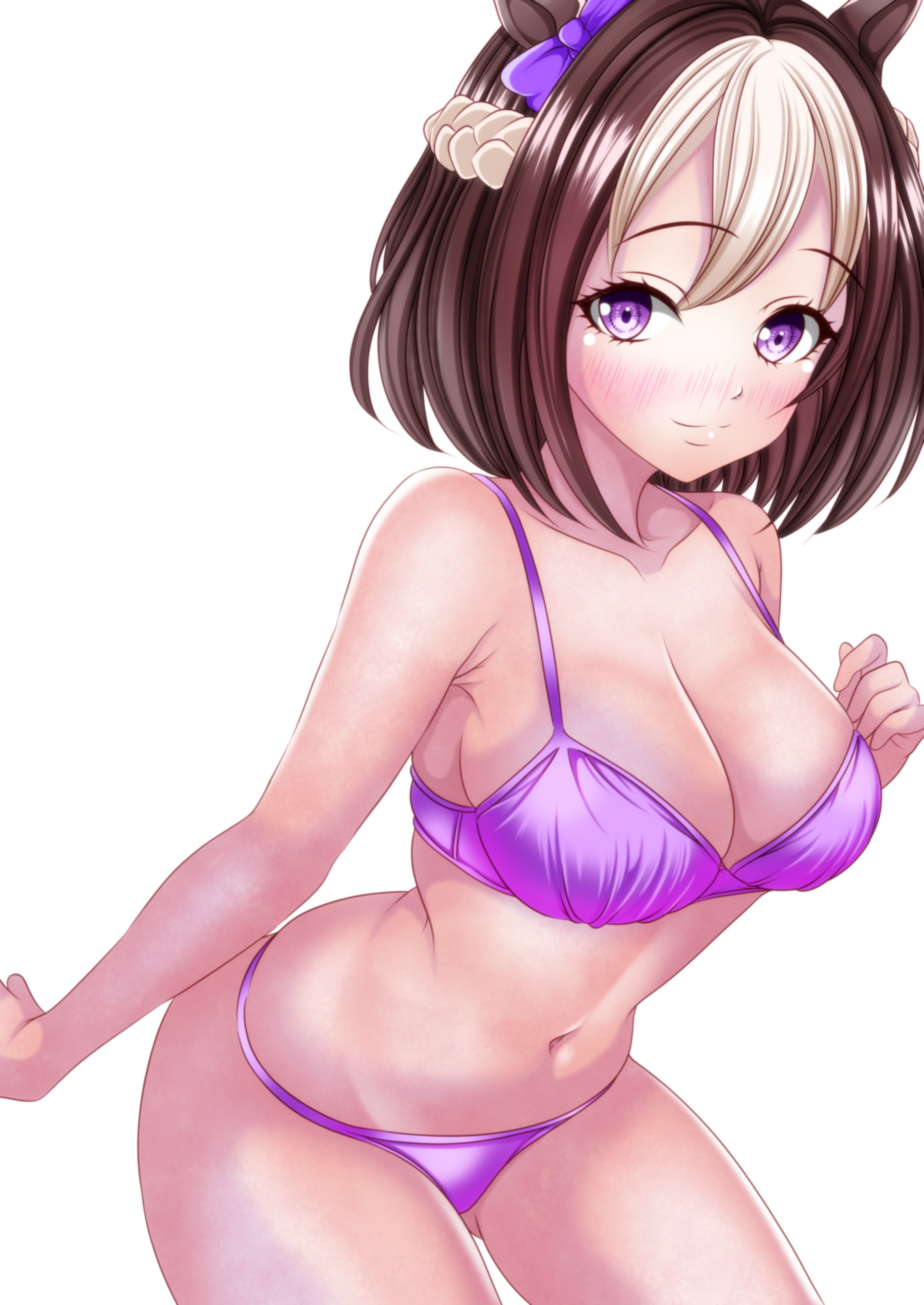 hagesan3345, special week (umamusume), umamusume, absurdres, commentary request, highres, 1girl, animal ears, bikini, blush, bow, breasts, brown hair, cleavage, closed mouth, ear bow, horse ears, horse girl, large breasts, looking at viewer, multicolored hair, navel, no tail, pink bikini, purple bow, purple eyes, short hair, smile, streaked hair, swimsuit, thighs, white hair