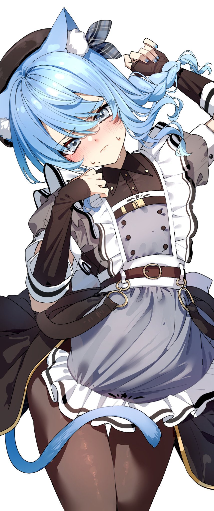 darjeeling (reley), hoshimachi suisei, hoshimachi suisei (maid), hololive, commentary, highres, symbol-only commentary, 1girl, animal ear fluff, animal ears, apron, arm up, beret, black dress, black gloves, black hat, black pantyhose, blue eyes, blue hair, blue nails, blush, braid, buttons, cat ears, cat tail, chest belt, closed mouth, collared dress, double-breasted, dress, elbow gloves, fingerless gloves, gloves, grey apron, hair over shoulder, hand up, hat, head tilt, kemonomimi mode, long hair, looking at viewer, medium hair, nail polish, official alternate costume, official alternate hairstyle, pantyhose, puffy short sleeves, puffy sleeves, see-through clothes, see-through sleeves, short sleeves, side braid, simple background, single braid, solo, star (symbol), star in eye, straight-on, symbol in eye, tail, thigh gap, virtual youtuber, white background