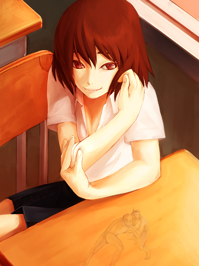 kurohachi, bad id, bad pixiv id, 1girl, black skirt, brown hair, collarbone, collared shirt, desk, evil smile, female focus, from above, indoors, looking at viewer, red eyes, school desk, shirt, short hair, skirt, smile, solo, sumo, sunlight, table, white shirt