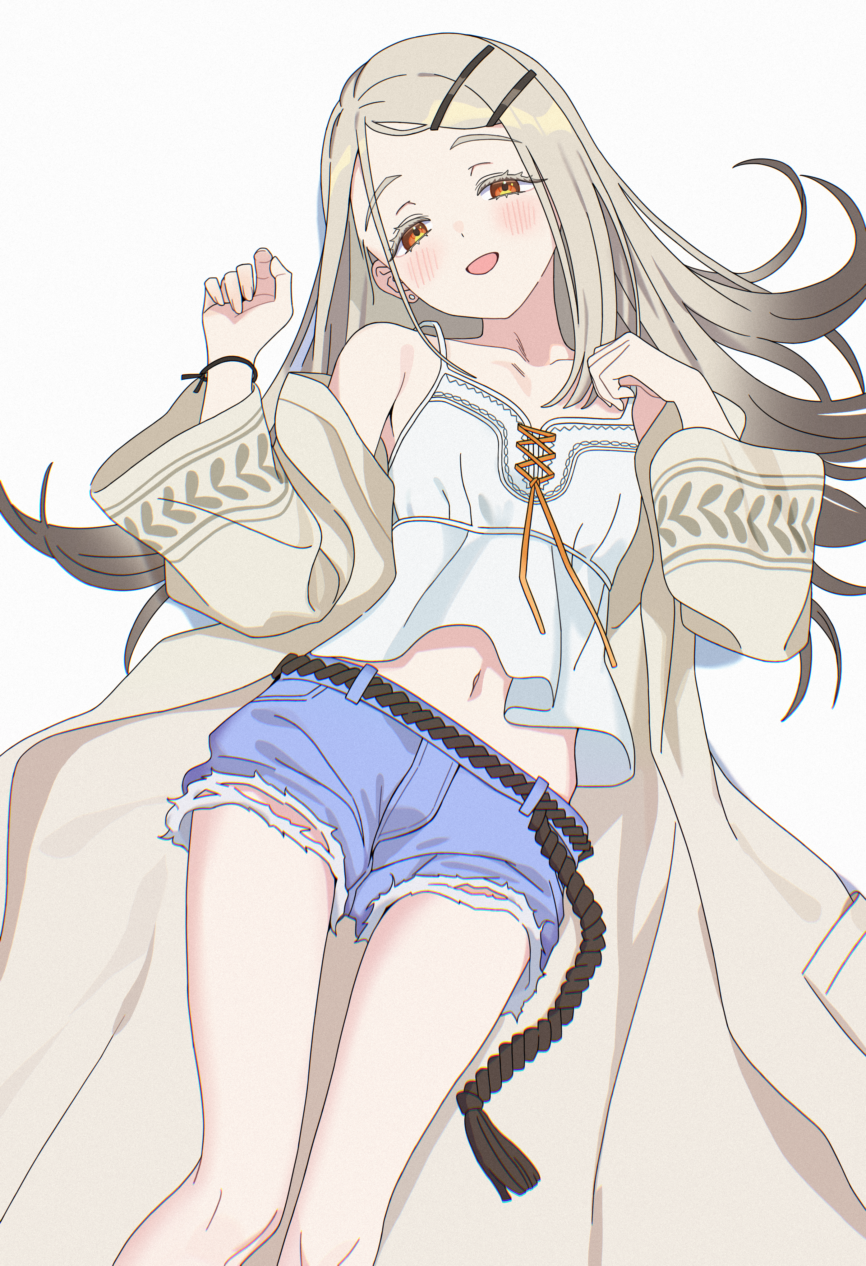 jie-se (kuai mian biao), shinosawa hiro, gakuen idolmaster, idolmaster, absurdres, highres, 1girl, armpit crease, bare legs, blonde hair, blush, camisole, collarbone, colored eyelashes, denim, denim shorts, earrings, feet out of frame, gradient hair, grey hair, hair spread out, jewelry, long hair, looking at viewer, lying, multicolored hair, navel, on back, orange eyes, robe, rope belt, short shorts, shorts, simple background, smile, solo, stud earrings, very long hair, white background, white camisole, white robe