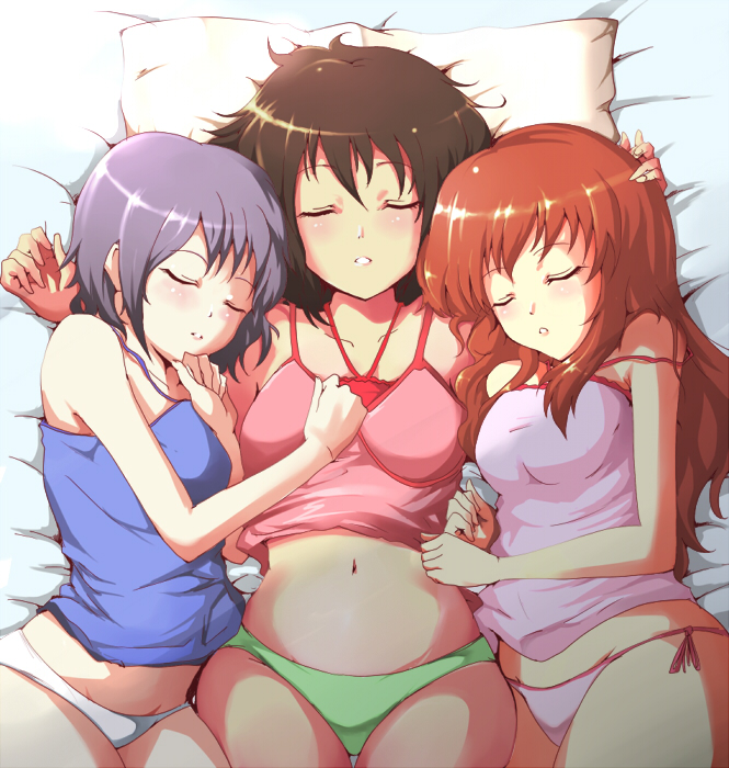 kasai shin, asahina mikuru, nagato yuki, suzumiya haruhi, suzumiya haruhi no yuuutsu, bad id, bad pixiv id, 00s, 3girls, bed, blush, brown hair, camisole, closed eyes, long hair, midriff, multiple girls, navel, panties, purple hair, short hair, side-tie panties, sleeping, underwear, underwear only, wide hips