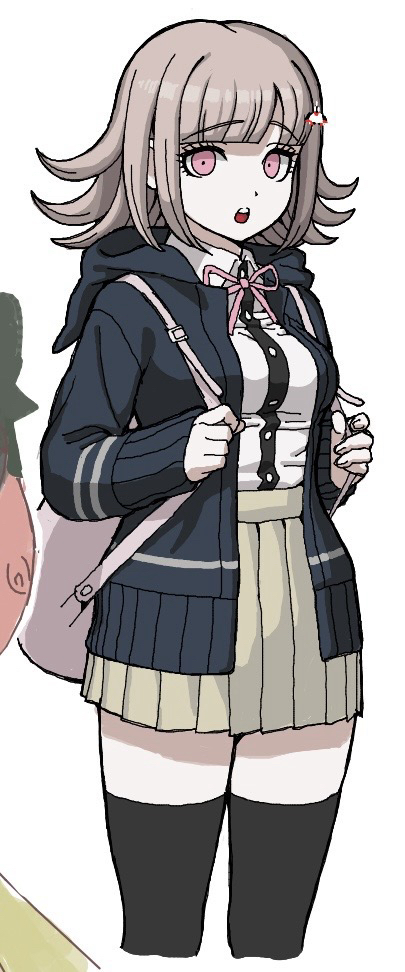 nanami chiaki, danganronpa (series), danganronpa 2: goodbye despair, 1girl, breasts, brown hair, brown skirt, collared shirt, flipped hair, hair ornament, hood, jacket, ke mata, long sleeves, looking at viewer, medium hair, neck ribbon, open clothes, open jacket, pink bag, pink eyes, pink ribbon, pleated skirt, ribbon, shirt, skirt, solo, thighhighs, two-tone shirt, white shirt