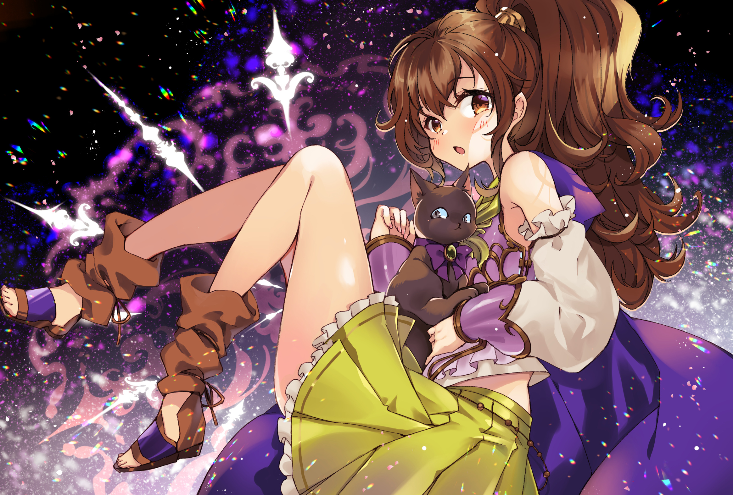 07touka25, another eden, highres, 1girl, arm garter, armor, black cat, blush, bow, breasts, brown eyes, brown hair, brown sandals, cat, cloak, detached sleeves, frilled skirt, frills, from side, full body, green skirt, hair between eyes, high ponytail, leg warmers, long hair, looking at viewer, open mouth, pleated skirt, ponytail, purple bow, purple cloak, sandals, shirt, sidelocks, skirt, solo, space, thighhighs, very long hair, vivette (another eden), wavy hair, white sleeves