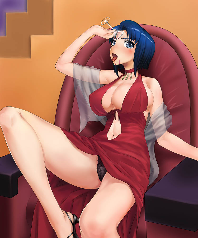 bodai, cecile croomy, code geass, 00s, 1girl, alcohol, bare legs, bare shoulders, black panties, black shoes, blue eyes, blue hair, blush, breasts, choker, cleavage, clothing cutout, covered erect nipples, dress, drunk, evening gown, female focus, high heels, huge breasts, indoors, lace, lace-trimmed panties, lace trim, large breasts, leg up, legs, long legs, looking at viewer, matching hair/eyes, navel, navel cutout, no bra, open mouth, open shoes, panties, pantyshot, red choker, red dress, shoes, short hair, sideboob, sitting, solo, thighs, tongue, tongue out, underwear, wine