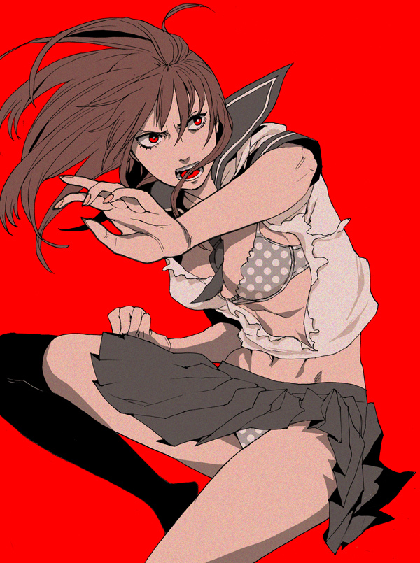 takase (harakiri), original, 1girl, black thighhighs, bra, brown hair, lingerie, midriff, panties, pleated skirt, polka dot, polka dot bra, polka dot panties, red background, red eyes, school uniform, serafuku, serious, simple background, single thighhigh, skirt, thighhighs, torn clothes, underwear