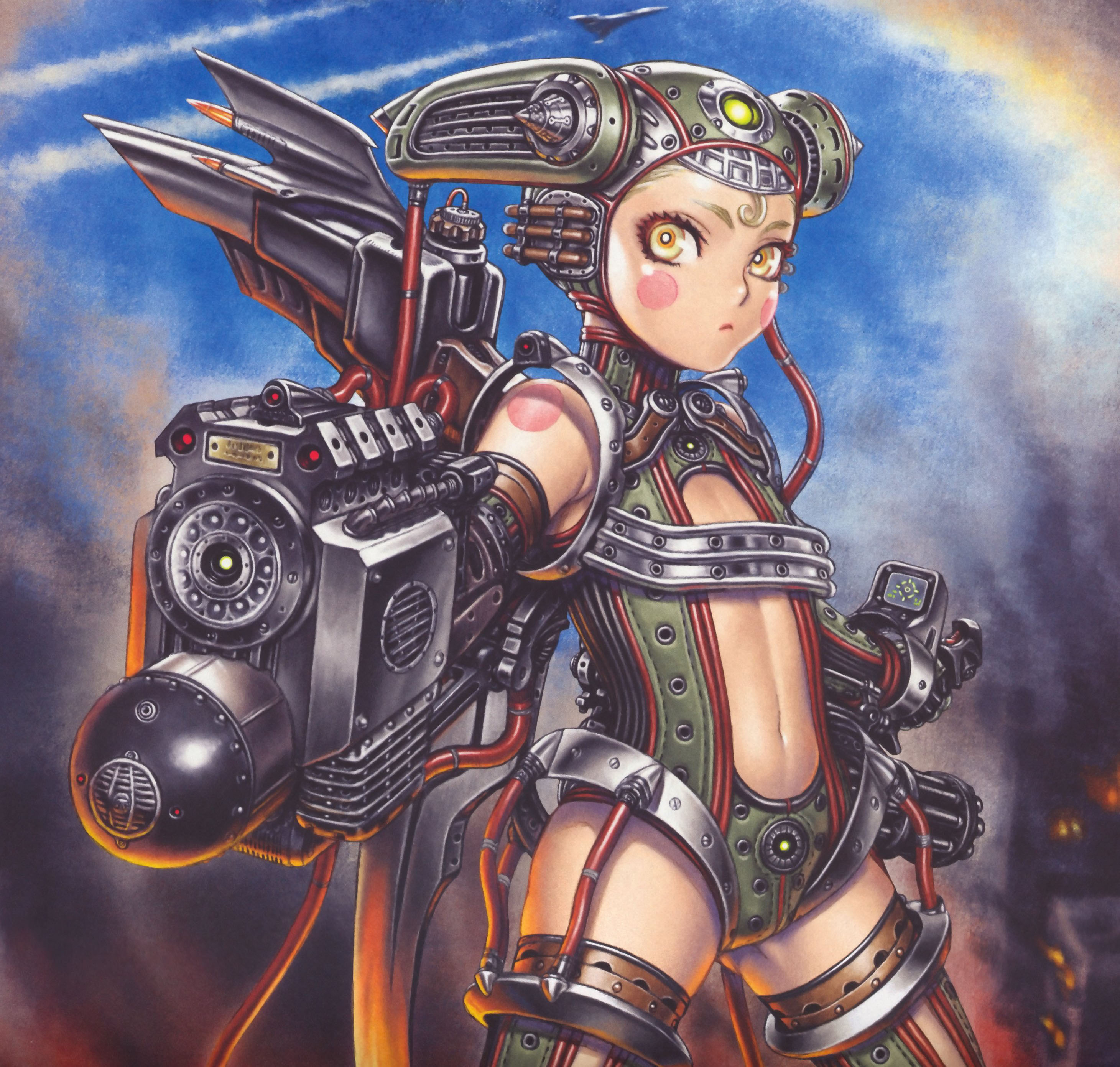 tsukasa jun, absurdres, highres, blonde hair, loli, mecha musume, midriff, solo, thighhighs, weapon, yellow eyes