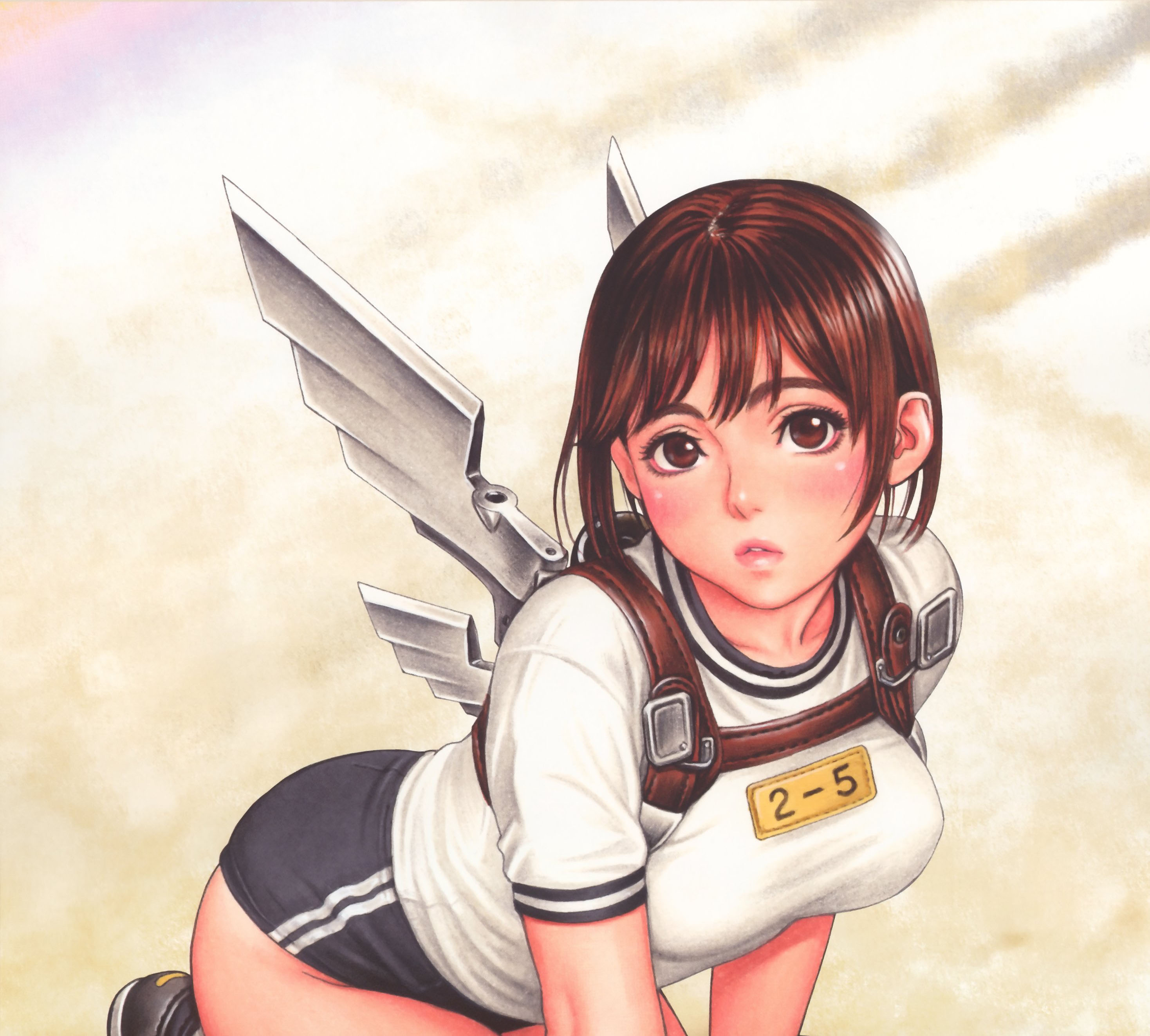 tsukasa jun, tanaka mai (tsukasa jun), original, absurdres, highres, scan, 1girl, all fours, backpack, bag, blush, breasts, brown eyes, brown hair, buruma, double vertical stripe, female focus, gym uniform, kneeling, large breasts, leaning forward, leather, lips, looking at viewer, mechanical wings, parted lips, randoseru, shirt, shoes, short hair, short sleeves, sleeve cuffs, sneakers, solo, taut clothes, taut shirt, wings
