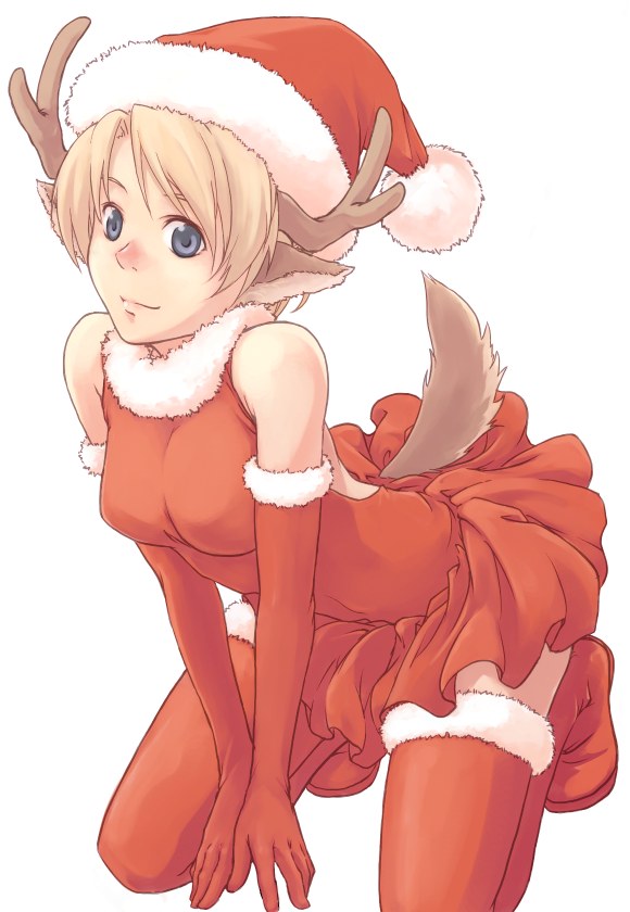 kawaraya (pixiv6596), 1girl, animal ears, blonde hair, blue eyes, christmas, elbow gloves, female focus, gloves, hat, horns, red gloves, reindeer, santa costume, santa hat, solo, tail, thighhighs
