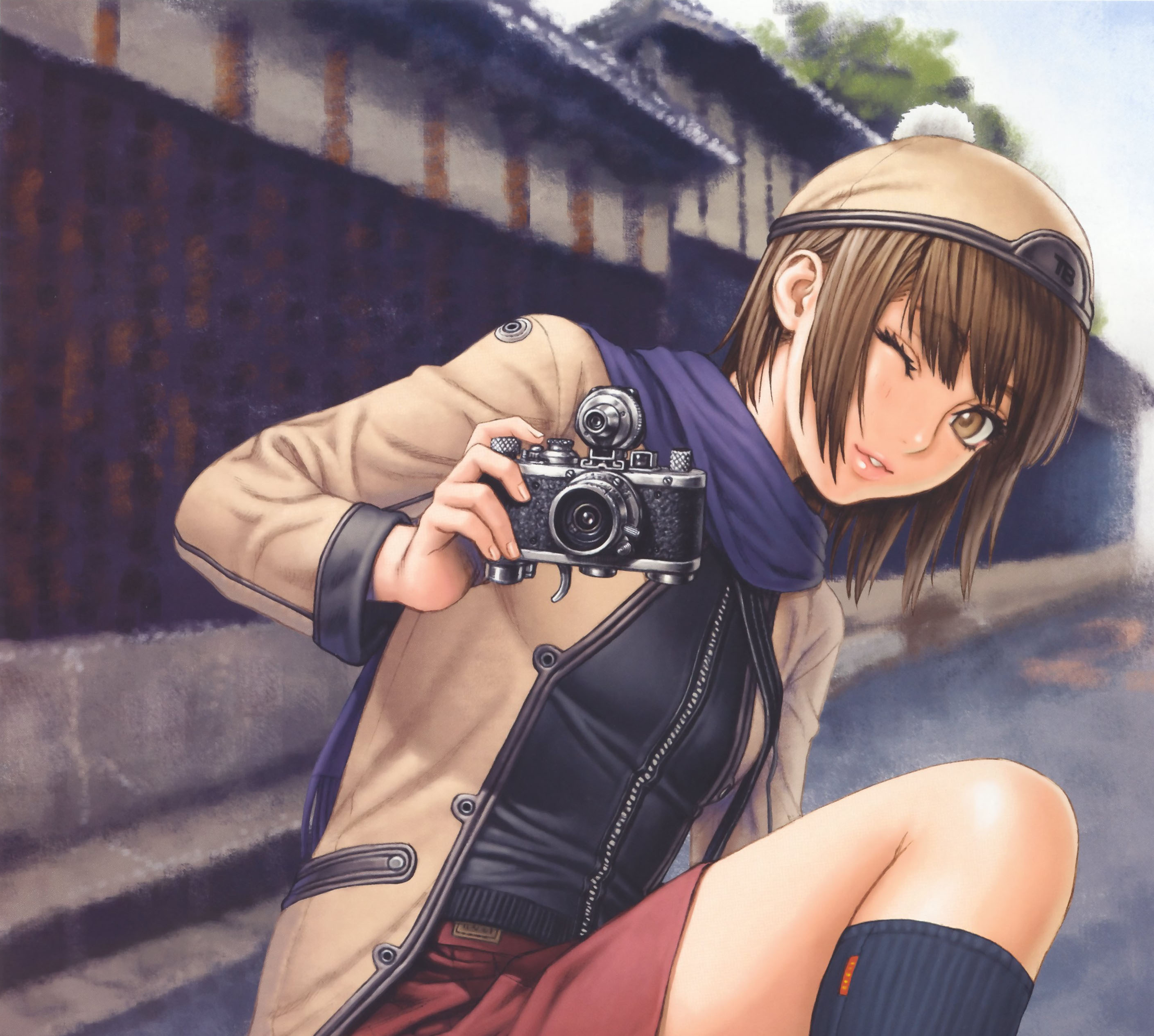 tsukasa jun, absurdres, highres, 1girl, bob cut, brown eyes, brown hair, camera, female focus, hat, one eye closed, short hair, solo, wink