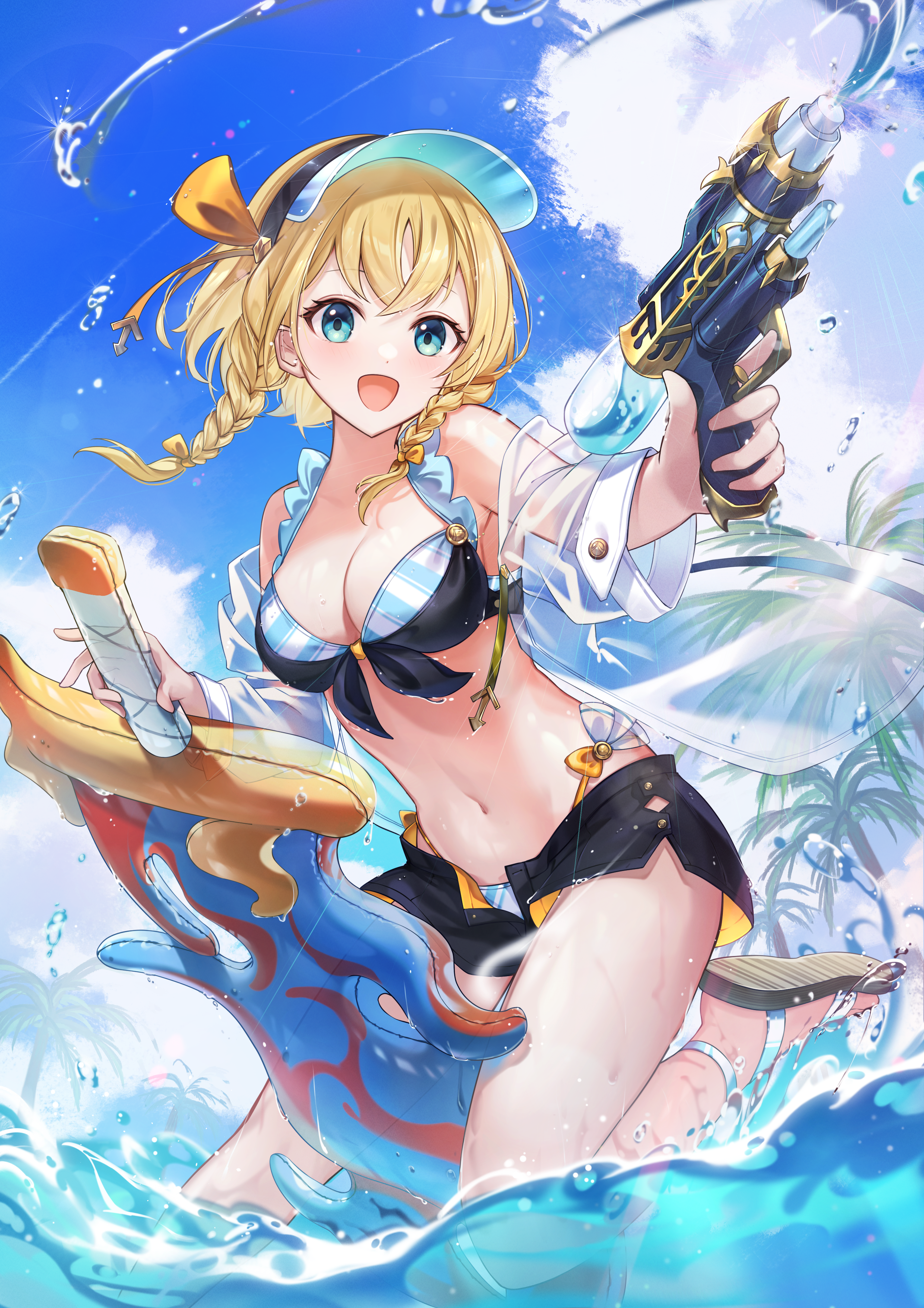 slime (user jpds8754), another eden, absurdres, highres, 1girl, :d, armpits, bikini, black bikini, black shorts, blonde hair, blue eyes, blue innertube, blue sky, blush, braid, breasts, cleavage, cloud, cowboy shot, crossed bangs, elseal (another eden), hair between eyes, holding, holding water gun, innertube, looking at viewer, medium breasts, multicolored bikini, navel, open mouth, outdoors, sandals, see-through clothes, see-through shirt, shirt, short hair, short shorts, shorts, side braids, sidelocks, sky, smile, solo, splashing, swim ring, swimsuit, two-tone bikini, visor cap, water, water gun, white sandals, white shirt