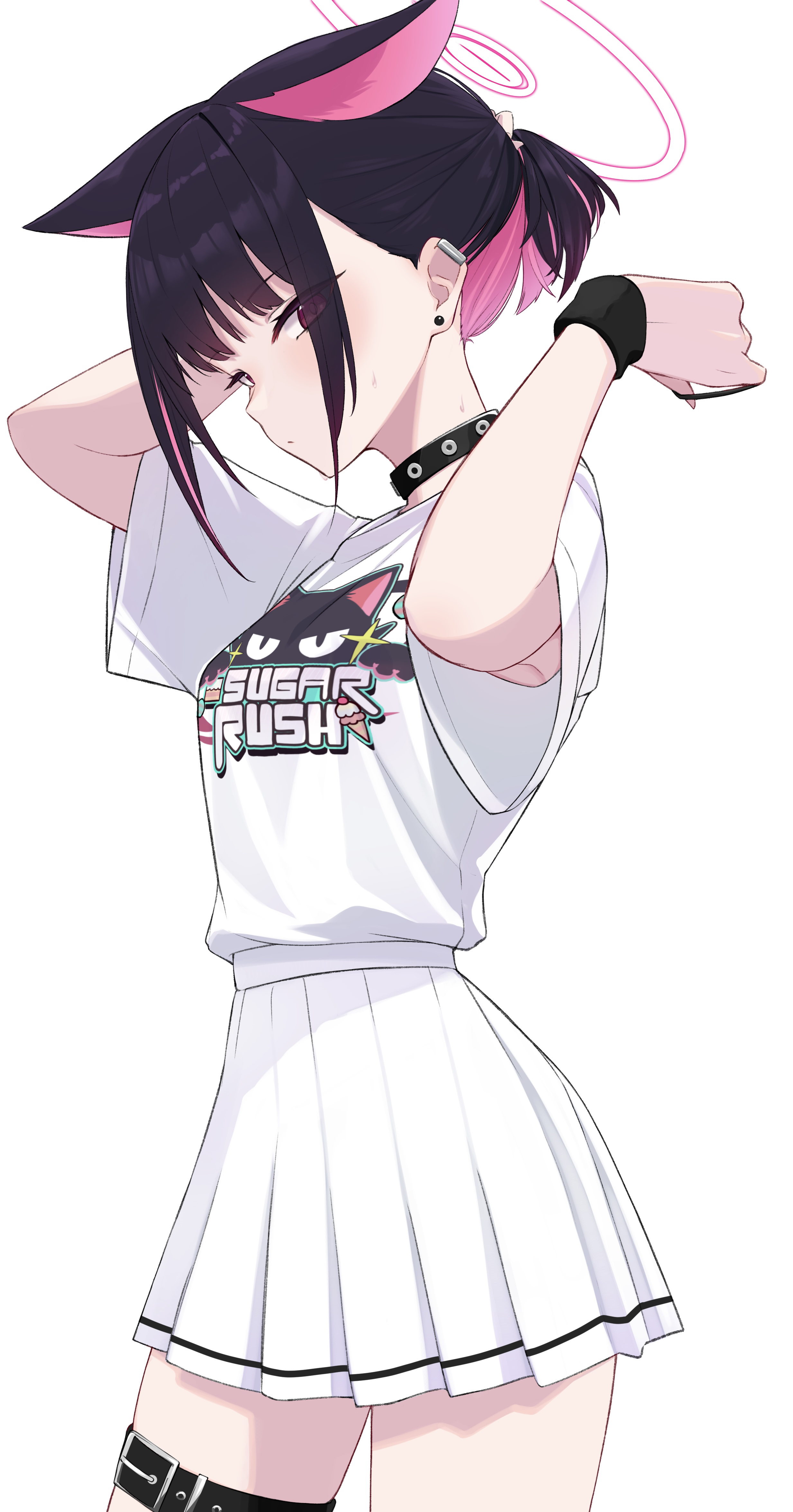exiadoon, kazusa (band) (blue archive), kazusa (blue archive), blue archive, absurdres, commentary request, highres, 1girl, animal ears, armpit peek, belt, black choker, black hair, breasts, cat ears, choker, colored inner animal ears, colored inner hair, earclip, earrings, extra ears, hair tie, halo, holding, holding hair tie, jewelry, logo print, looking at viewer, multicolored hair, official alternate costume, pink hair, pleated skirt, ponytail, print shirt, shirt, shirt tucked in, short ponytail, sidelocks, sideways glance, simple background, skirt, small breasts, solo, stud earrings, thigh belt, thigh strap, two-tone hair, tying hair, up sleeve, white background, white shirt, white skirt, wristband