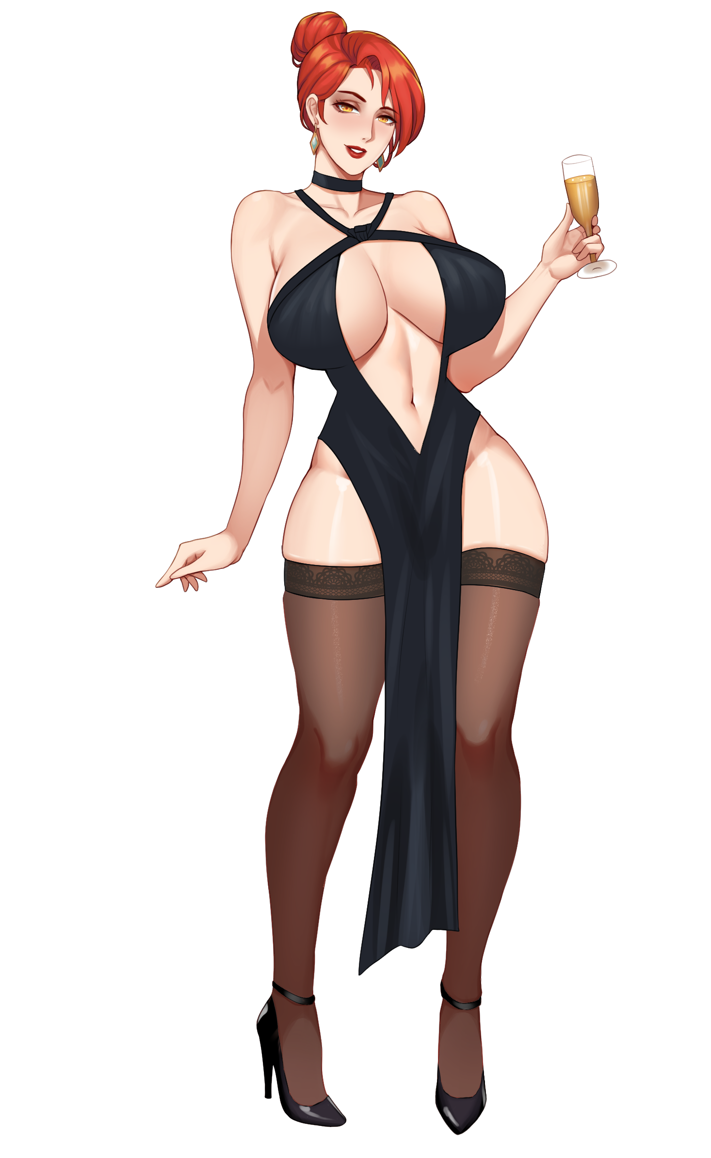 gxtsjs, black footwear, highres, 1girl, alcohol, bare shoulders, black dress, breasts, champagne, champagne flute, choker, cleavage, cocktail dress, cup, curvy, dress, drinking glass, earrings, full body, hair bun, halter dress, halterneck, high heels, holding, holding cup, hoop earrings, huge breasts, jewelry, large breasts, lipstick, looking at viewer, makeup, mature female, mole, mole under eye, navel, parted lips, pelvic curtain, plunging neckline, red hair, red lips, simple background, single hair bun, solo, standing, stiletto heels, thighhighs, transparent background, white background, wine glass, yellow eyes