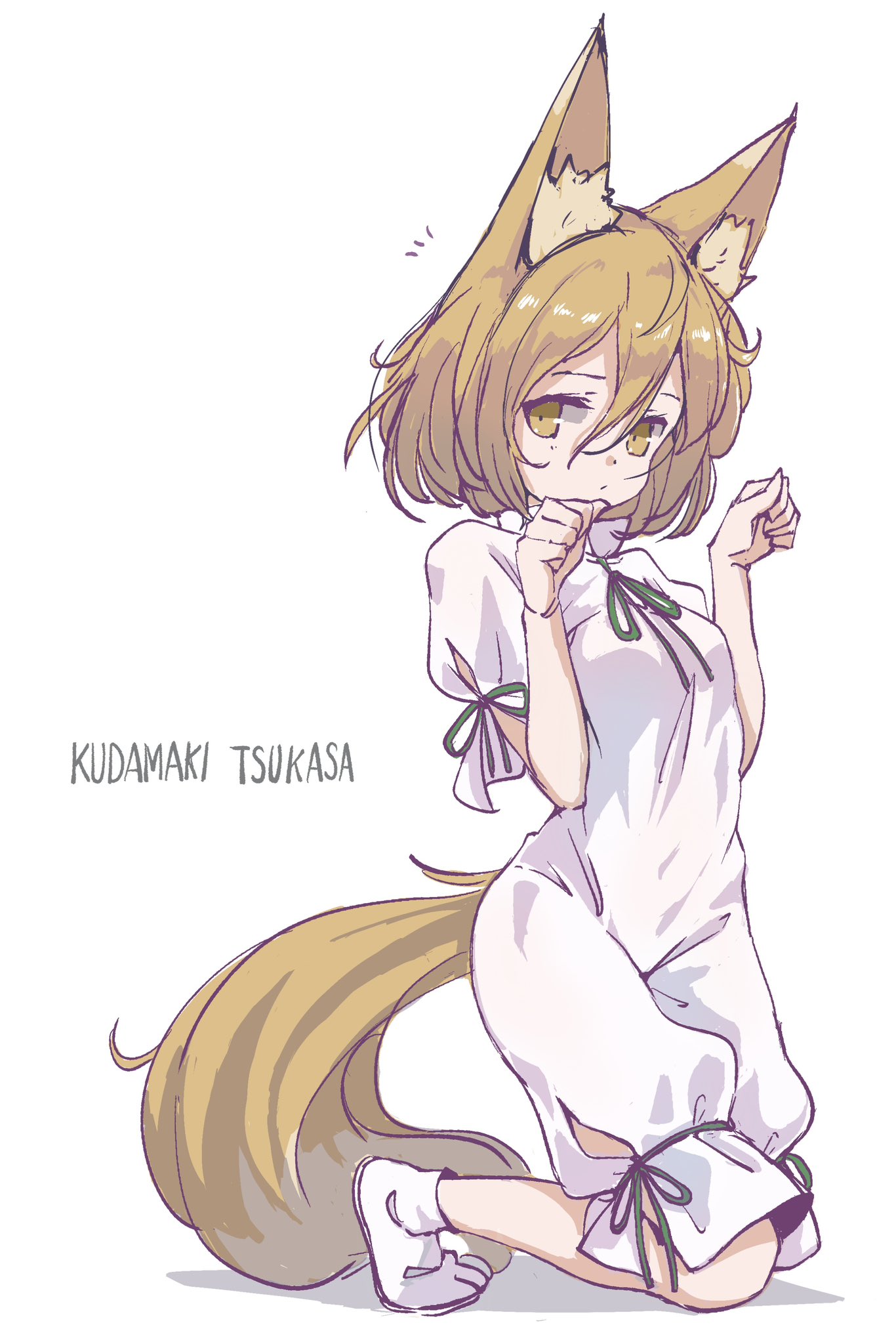 satyuas, kudamaki tsukasa, touhou, highres, 1girl, animal ears, closed mouth, english text, fox ears, fox girl, fox tail, green ribbon, hair between eyes, kneeling, looking at viewer, ribbon, romper, shoes, solo, tail, white romper, white shoes, yellow eyes