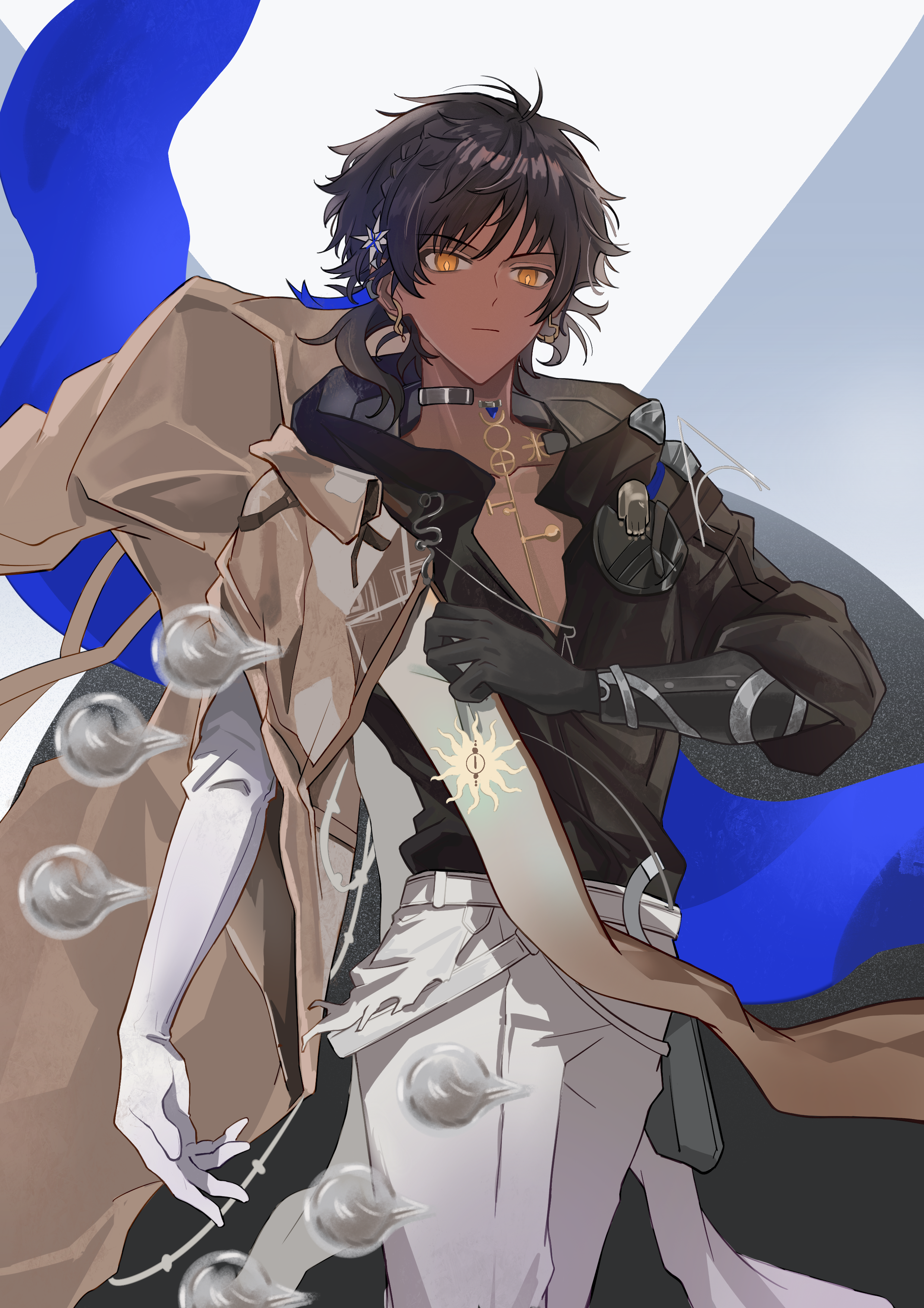 meell, thorns (arknights), thorns the lodestar (arknights), arknights, absurdres, chinese commentary, commentary request, highres, 1boy, asymmetrical gloves, black gloves, black hair, closed mouth, cowboy shot, dark-skinned male, dark skin, earrings, elbow gloves, expressionless, gloves, hair ornament, jewelry, looking at viewer, male focus, mismatched gloves, pants, short hair, solo, standing, white gloves, white pants, yellow eyes