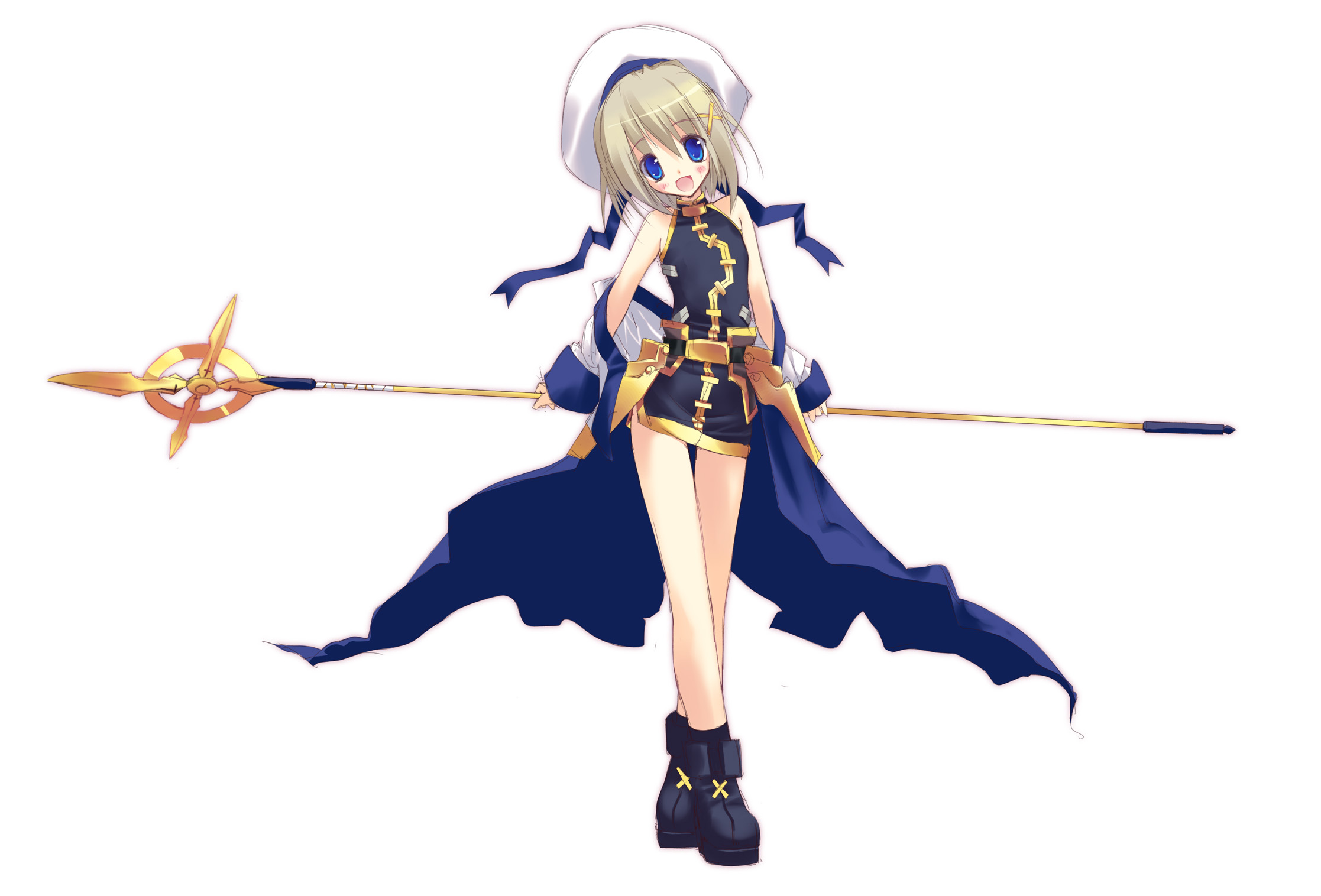 tsurusaki takahiro, schwertkreuz, yagami hayate, lyrical nanoha, mahou shoujo lyrical nanoha, mahou shoujo lyrical nanoha a's, highres, 00s, 1girl, bare shoulders, blonde hair, blue eyes, female focus, hair ornament, hat, miniskirt, short hair, skirt, solo, staff, x hair ornament