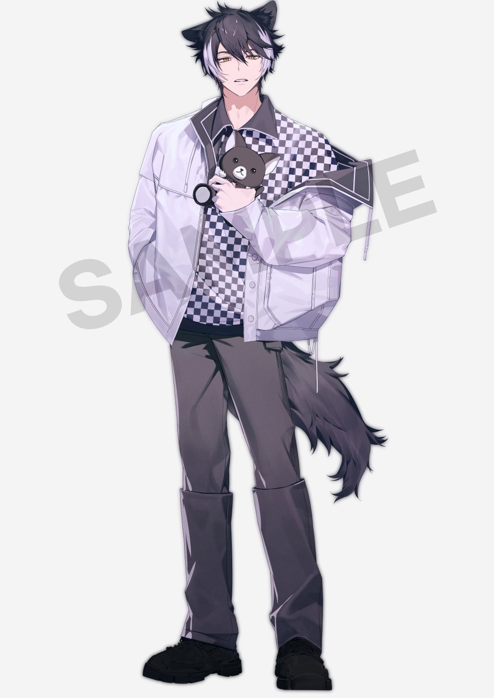 nakddidi, kageyama shien, holostars, highres, korean commentary, mixed-language commentary, official art, 1boy, alternate costume, animal ears, black hair, black pants, black shirt, black shoes, buttons, checkered clothes, checkered shirt, contrast collar, expressionless, full body, hair between eyes, hand in pocket, hand up, holding, holding stuffed toy, jackal boy, jackal ears, jackal tail, jacket, long sleeves, looking at viewer, male focus, multicolored hair, open clothes, open jacket, pants, parted lips, polo shirt, sample watermark, shirt, shoes, short hair, simple background, single off shoulder, sneakers, solo, standing, stuffed animal, stuffed dog, stuffed toy, tail, two-tone hair, virtual youtuber, watermark, white background, white hair, white jacket, white shirt, yellow eyes
