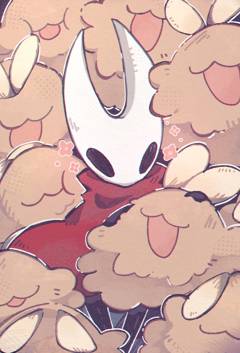 momoiiroo, hornet (hollow knight), hollow knight, hollow knight: silksong, highres, 1girl, :3, black skin, cloak, colored skin, flea (hollow knight), flower, happy aura, hollow eyes, horned mask, mask, open mouth, petting, red cloak, smile, solo, white mask