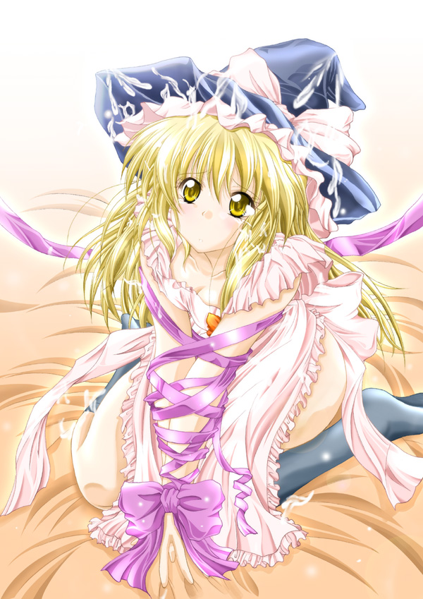 fujitsu akira, kirisame marisa, touhou, 1girl, apron, blonde hair, cum, cum on hair, female focus, hat, naked apron, solo, witch hat, yellow eyes