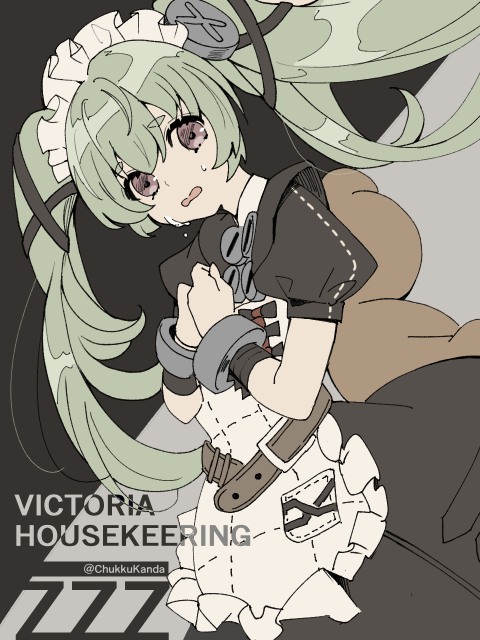 chakku kanda, corin wickes, zenless zone zero, commentary request, 1girl, animal bag, apron, bear bag, belt, black background, black dress, cuffs, dress, english text, green hair, hair between eyes, long hair, looking at viewer, maid, maid apron, maid headdress, open mouth, puffy short sleeves, puffy sleeves, purple eyes, screw hair ornament, short sleeves, simple background, solo, sweat, twintails, white apron