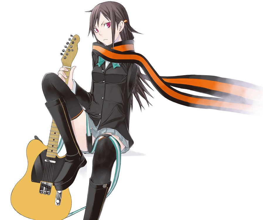 yasuda suzuhito, yarizakura hime, yozakura quartet, black hair, guitar, instrument, red eyes, scarf, skirt, solo, thighhighs