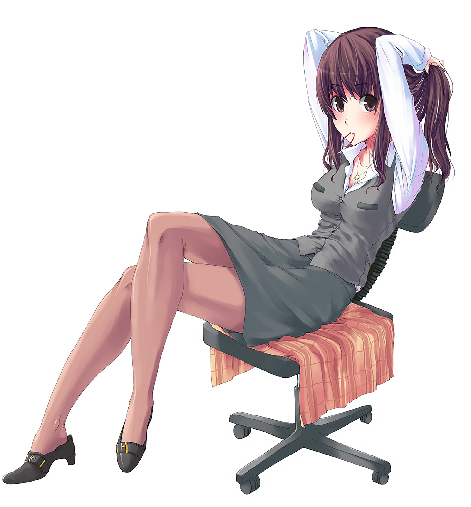 unasaka ryou, 1girl, adjusting hair, crossed legs, female focus, hairdressing, jewelry, legs, mouth hold, necklace, pantyhose, pencil skirt, sitting, skirt, solo