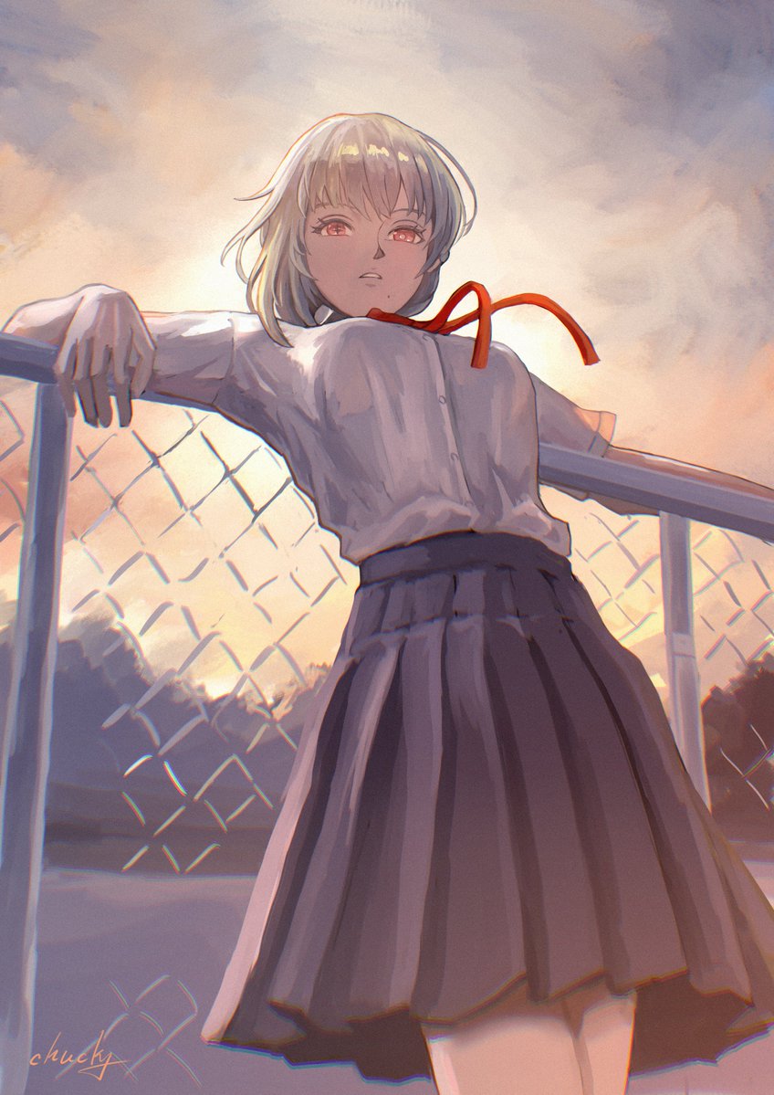chucky (chucky1000sun), sanhua (wuthering waves), wuthering waves, commentary request, 1girl, against fence, alternate costume, breasts, chromatic aberration, fence, grey hair, grey skirt, looking ahead, medium breasts, mismatched irises, mole, mole under mouth, neck ribbon, outdoors, parted lips, red eyes, red ribbon, ribbon, school uniform, shirt, shirt tucked in, short hair, signature, skirt, solo, tacet mark (wuthering waves), white shirt