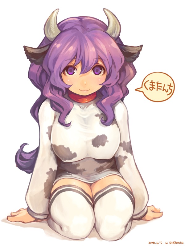 shigatake, ushi-oneesan, kumatanchi, original, 1girl, :3, animal ears, animal print, breasts, collar, cow ears, cow girl, cow print, dated, female focus, full body, huge breasts, simple background, sitting, socks, solo, speech bubble, thighhighs, white background