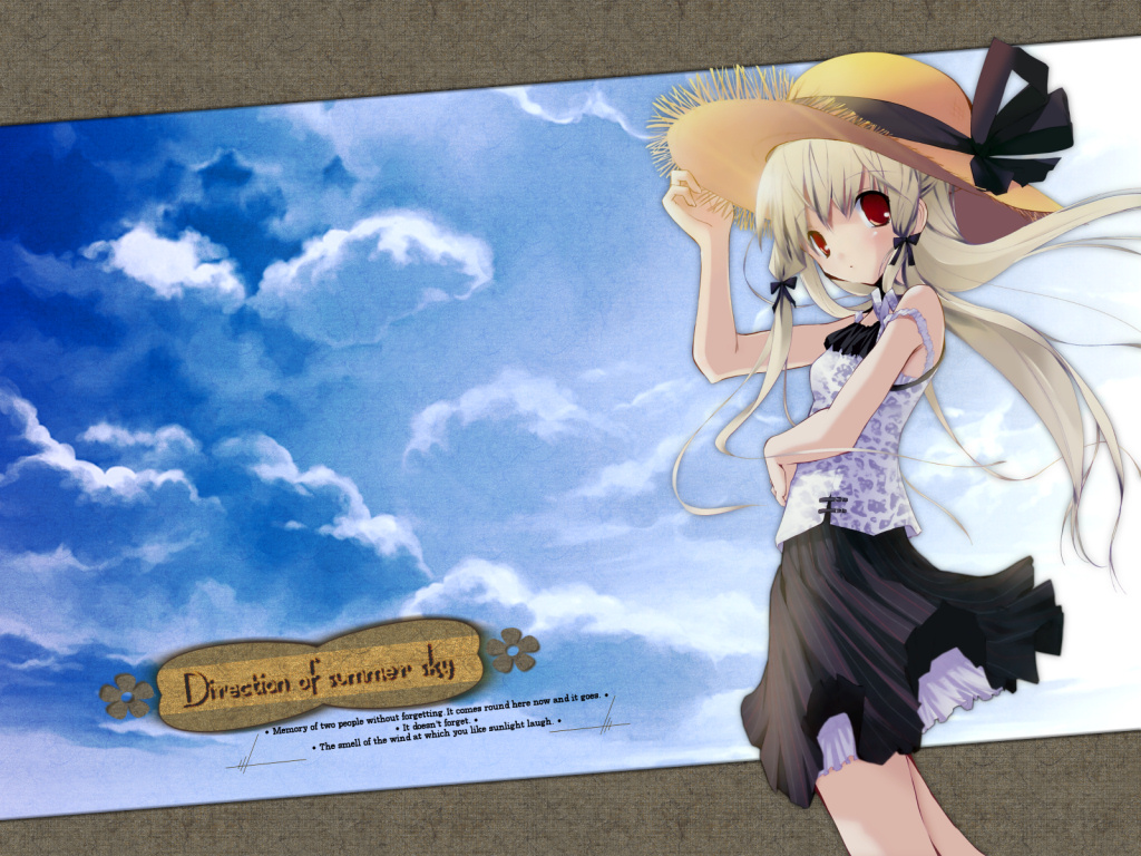 brown hair, cloud, day, hat, long hair, ribbon, skirt, sky, solo, straw hat
