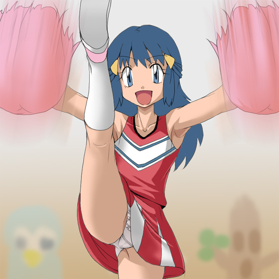 jouwan, paruaki, dawn (pokemon), nintendo, pokemon, pokemon (anime), 1girl, alternate costume, armpits, blue eyes, blue hair, cameltoe, cheerleader, female focus, frilled panties, frills, high kick, kicking, kneepits, leg lift, long hair, matching hair/eyes, miniskirt, panties, pantyshot, pom pom (cheerleading), pussy, shoes, skirt, sleeveless, smile, sneakers, socks, solo, split, standing, standing on one leg, standing split, underwear, upskirt, white panties