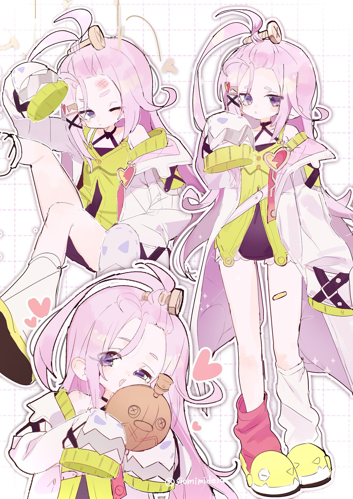 aino (genshin impact), genshin impact, commentary request, highres, 1girl, ;<, bandaid, bandaid on leg, bare shoulders, coat, green shoes, grid background, heart, holding, mismatched socks, multiple views, pink hair, purple eyes, screw hair ornament, shoes, simple background, single tear, siomimi, sleeves past fingers, sleeves past wrists, white background, white coat