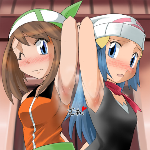 jouwan, paruaki, dawn (pokemon), may (pokemon), may (pokemon emerald), nintendo, pokemon, pokemon rse, lowres, 00s, 2girls, alternate costume, armpits, bandana, beanie, blush, embarrassed, hat, multiple girls, smell