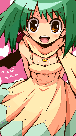 shirono, ranka lee, macross, macross frontier, 00s, 1girl, bare shoulders, brown eyes, collarbone, cowboy shot, dress, female focus, green hair, looking at viewer, open mouth, outstretched arms, round teeth, scarf, selfie, short hair, sleeveless, sleeveless dress, solo, sundress, teeth, yellow dress, yellow scarf