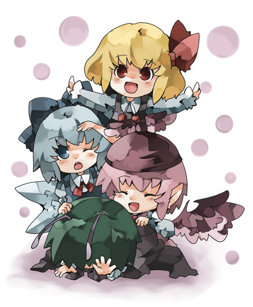 chachi, chachi (azuzu), cirno, mystia lorelei, rumia, wriggle nightbug, touhou, bad id, bad pixiv id, 4girls, antennae, blonde hair, blue hair, chibi, female focus, green hair, hat, multiple girls, pink hair, red eyes, ribbon, short hair, team 9 (touhou), tora nuko, white background, wings