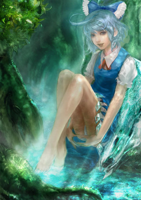 pokkii, cirno, embodiment of scarlet devil, touhou, bad id, bad pixiv id, 1girl, blue hair, dress, female focus, nature, outdoors, panties, plant, ribbon, short hair, solo, underwear, water, wings