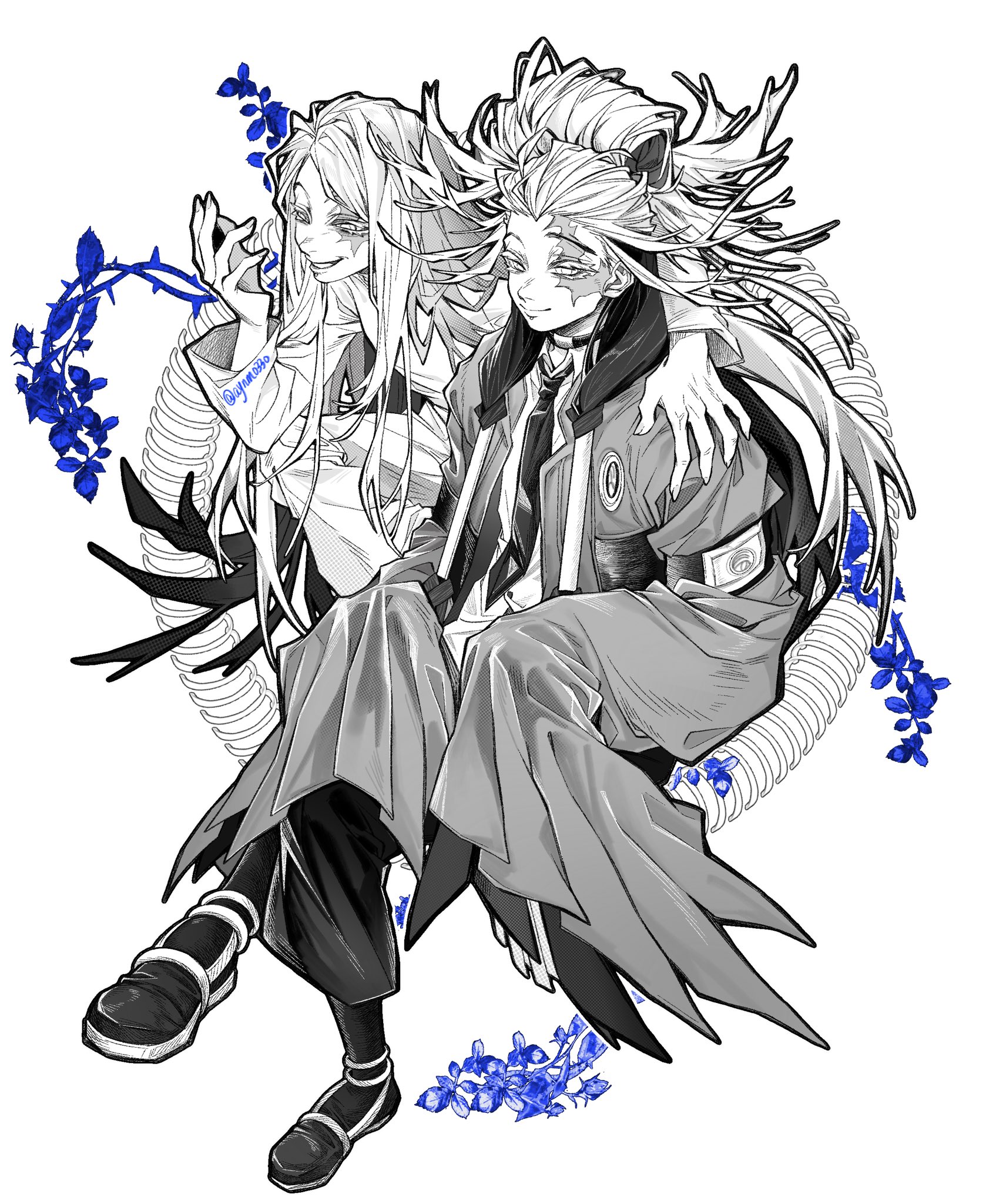 aynm010330, tamsy caines, gachiakuta, highres, 2boys, armband, blue flower, choker, closed mouth, coat, collared shirt, crossed legs, dress, dual persona, flower, long hair, looking at viewer, multiple boys, necktie, pants, sandals, scar, scar across eye, scar on face, shirt, sidelocks, sleeves past fingers, sleeves past wrists, smile, spot color, very long hair