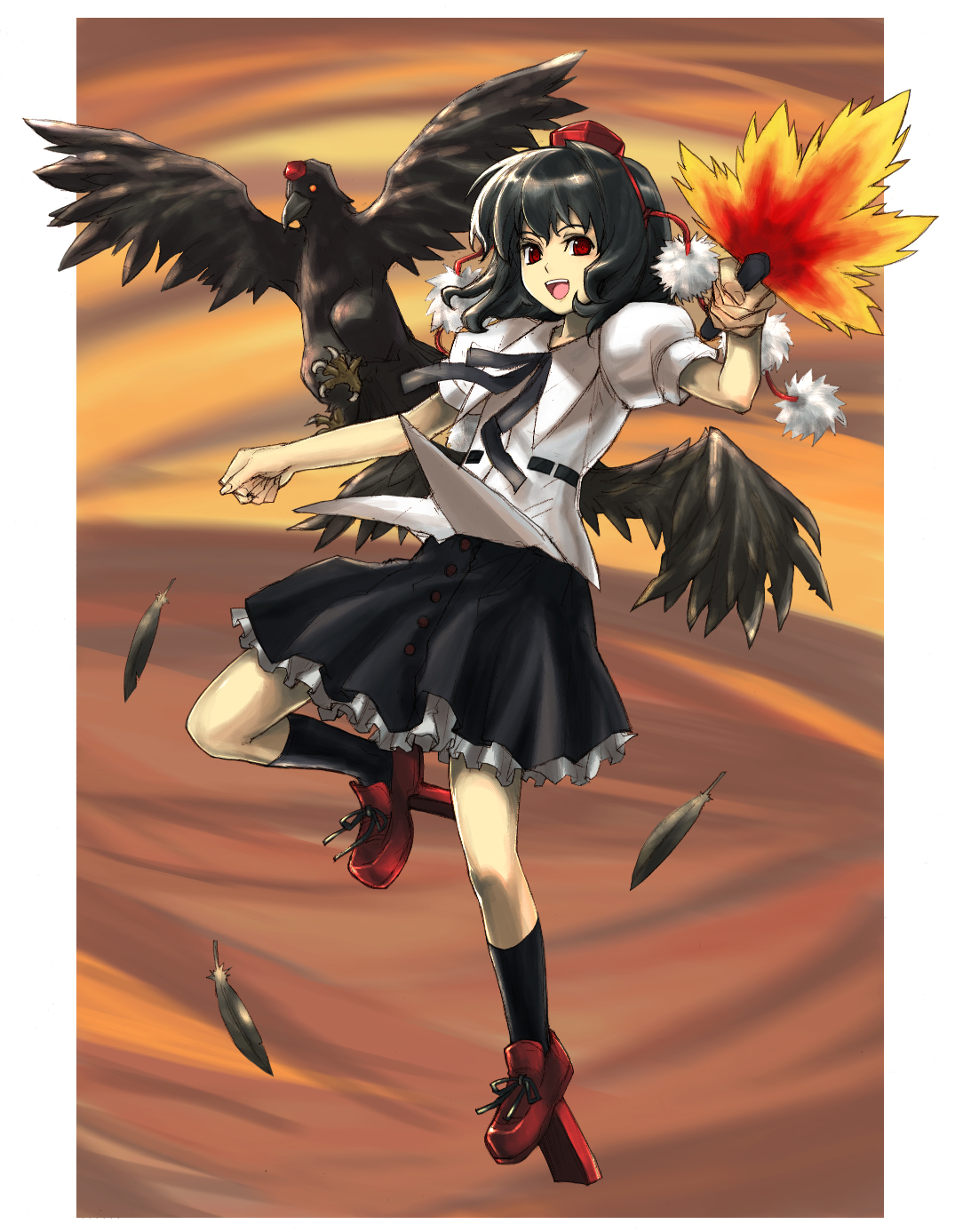 tetsu (kimuchi), shameimaru aya, touhou, graphite (medium), highres, mixed media, traditional media, 1girl, bird, black hair, black wings, crow, fang, female focus, flying, geta, hat, looking at viewer, open mouth, shirt, short hair, skirt, smile, solo, tengu-geta, tokin hat, wings