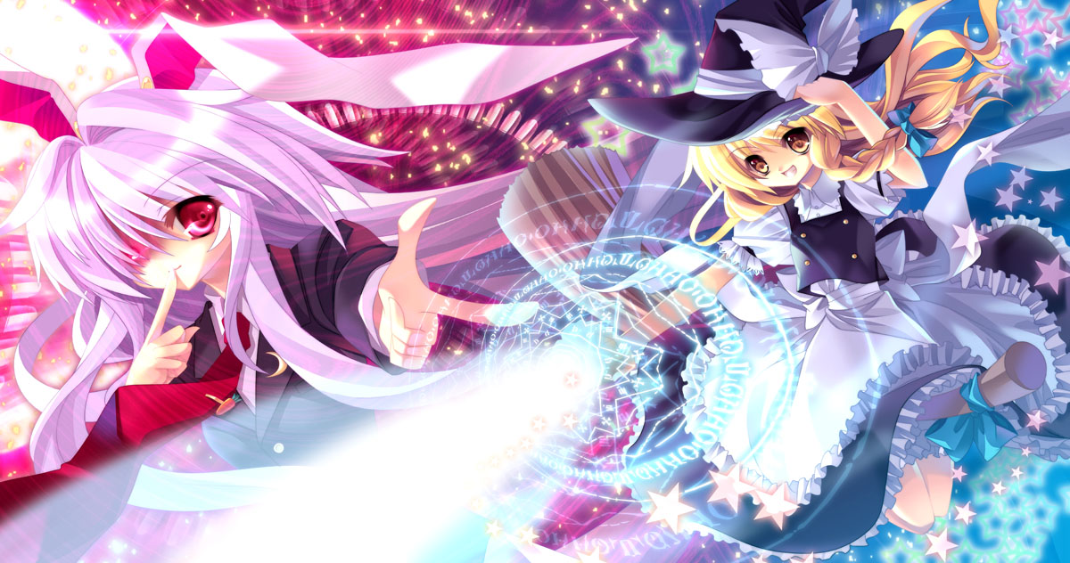 capura lin, kirisame marisa, reisen udongein inaba, touhou, bad id, bad pixiv id, 2girls, animal ears, blonde hair, female focus, hat, long hair, magic circle, multiple girls, purple hair, rabbit ears, ribbon, skirt