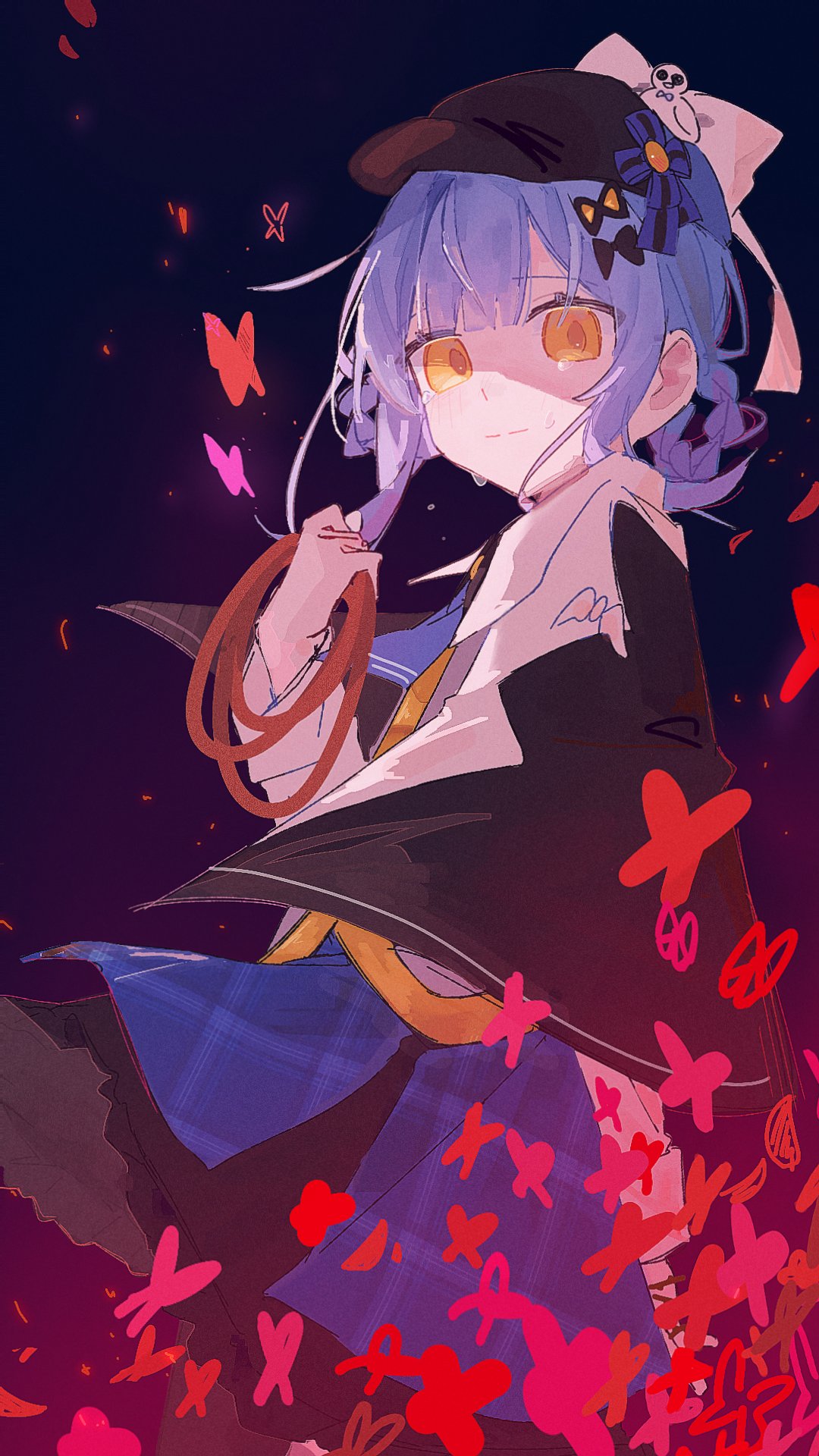 magunan, tachibana sherry, mahou shoujo no majo saiban, highres, spoilers, 1girl, black cloak, black hat, black skirt, blue hair, blue skirt, blunt bangs, bow, braid, braided hair rings, bug, butterfly, cloak, cowboy shot, dark background, frilled skirt, frills, hair bow, hair ornament, hair rings, hat, holding, holding rope, insect, light blush, looking at viewer, magical girl, rope, short hair, simple background, skirt, standing, tears, white bow, wind, x (symbol), yellow eyes, yellow pupils