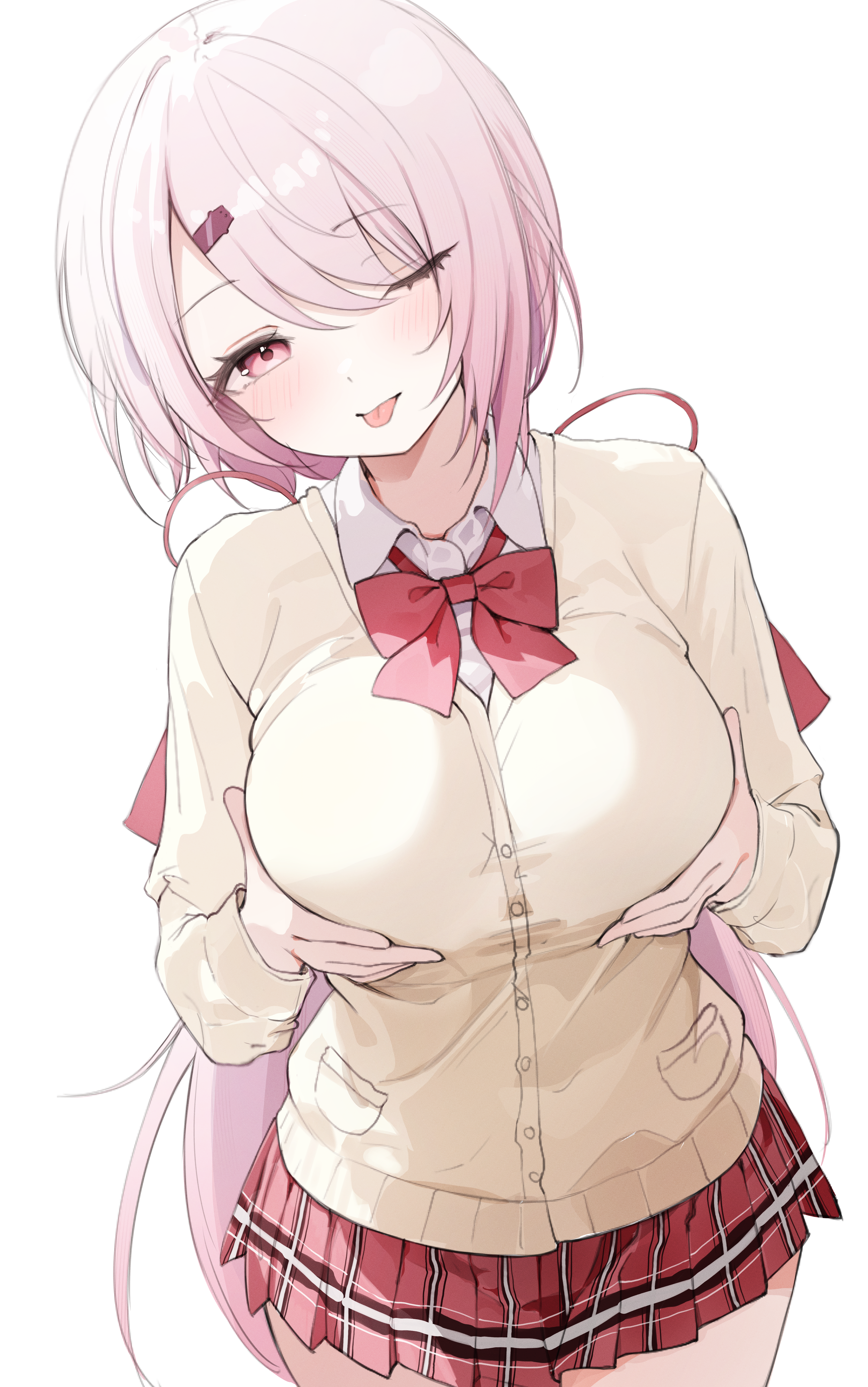 yumiewuri, shiina yuika, shiina yuika (1st costume), nijisanji, absurdres, commentary, highres, 1girl, ;p, bow, bowtie, breasts, cardigan, collared shirt, cowboy shot, grabbing own breast, large breasts, long hair, looking at viewer, low ponytail, one eye closed, pink bow, pink bowtie, pink hair, plaid clothes, plaid skirt, pleated skirt, ponytail, red skirt, school uniform, shirt, simple background, skirt, solo, straight-on, tongue, tongue out, very long hair, virtual youtuber, white background, white shirt, yellow cardigan