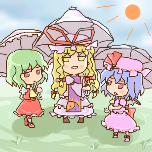 denohito, kazami yuuka, remilia scarlet, yakumo yukari, touhou, lowres, 3girls, ascot, bat wings, blonde hair, blue hair, chibi, female focus, green hair, hat, long hair, mary janes, multiple girls, nature, parasol, ribbon, shoes, short hair, skirt, skirt set, sun, trait connection, umbrella, vest, wings
