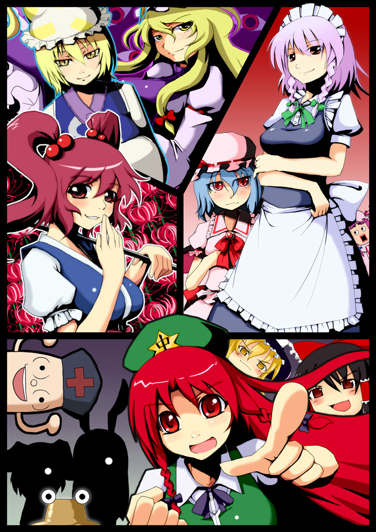 nokoppa, hakurei reimu, hong meiling, inaba tewi, izayoi sakuya, kirisame marisa, moriya suwako, onozuka komachi, patchouli knowledge, reisen udongein inaba, remilia scarlet, yagokoro, yagokoro eirin, yakumo ran, yakumo yukari, touhou, bad id, bad pixiv id, 6+girls, alternate eye color, alternate hair color, animal ears, apron, bat wings, black hair, blonde hair, blue hair, blush, bow, braid, cross, crossed arms, everyone, fang, female focus, hair bobbles, hair bow, hair ornament, hand to own mouth, hat, japanese clothes, long hair, maid, maid apron, maid headdress, multiple girls, open mouth, pink hair, pointing, pointing at viewer, rabbit ears, red eyes, red hair, short hair, short sleeves, slit pupils, smile, star (symbol), twin braids, twintails, two side up, wings, witch, witch hat, yellow eyes, yukkuri shiteitte ne
