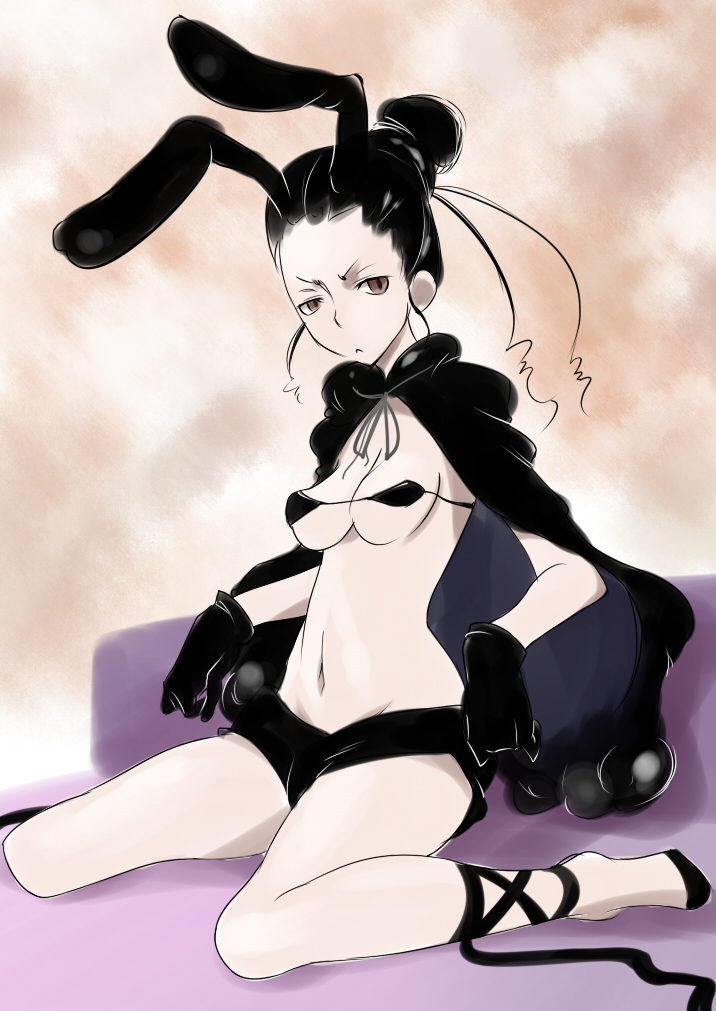 caw=zoo, original, 1girl, animal ears, black hair, breasts, brown eyes, female focus, gloves, hair bun, legs, long hair, rabbit ears, shorts, single hair bun, sitting, small breasts, solo