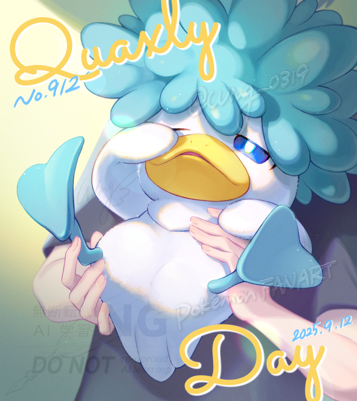 wing (wing 0319), quaxly, nintendo, pokemon, commentary request, 1other, blue eyes, bright pupils, character name, dated, holding, holding pokemon, one eye closed, pokemon (creature), shadow, shirt, short sleeves, t-shirt, twitter username, watermark, white pupils