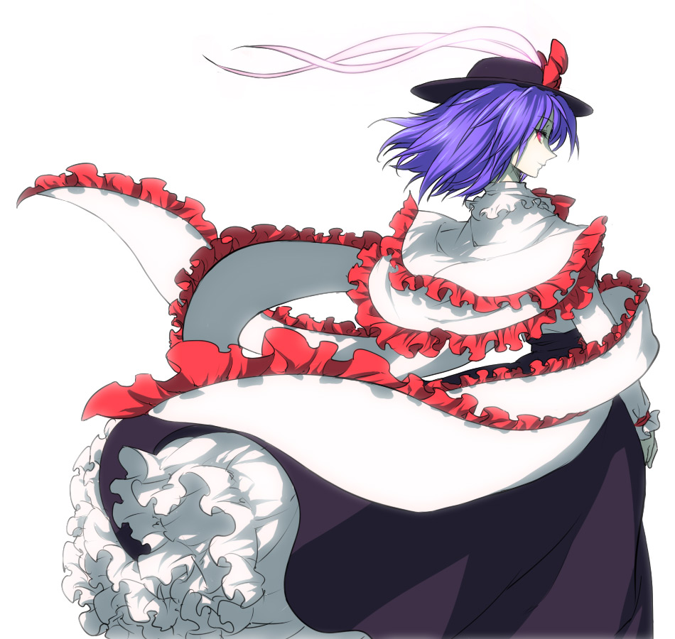 egawa satsuki, nagae iku, touhou, 1girl, capelet, dress, female focus, hat, long skirt, petticoat, purple hair, red eyes, ribbon, short hair, skirt, solo
