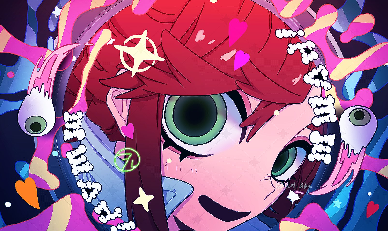 riyo reaper, gachiakuta, monitoring (vocaloid), highres, 1girl, fisheye, flipped bangs, jacket, looking at viewer, portrait, pov peephole, red hair, sidelocks, solo, sparkle, white jacket, wol akt