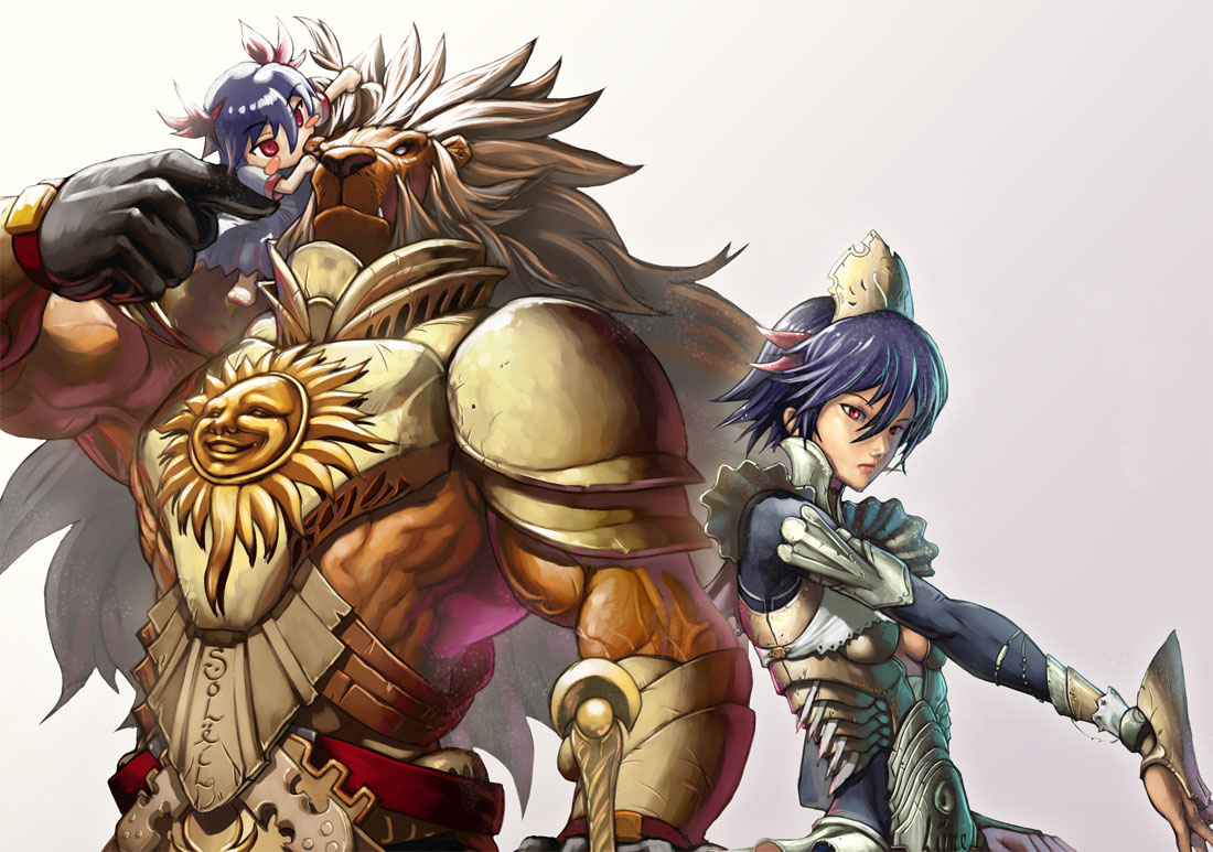 nekkeau, original, armor, blue hair, chibi, fang, gloves, lion, red eyes, short hair