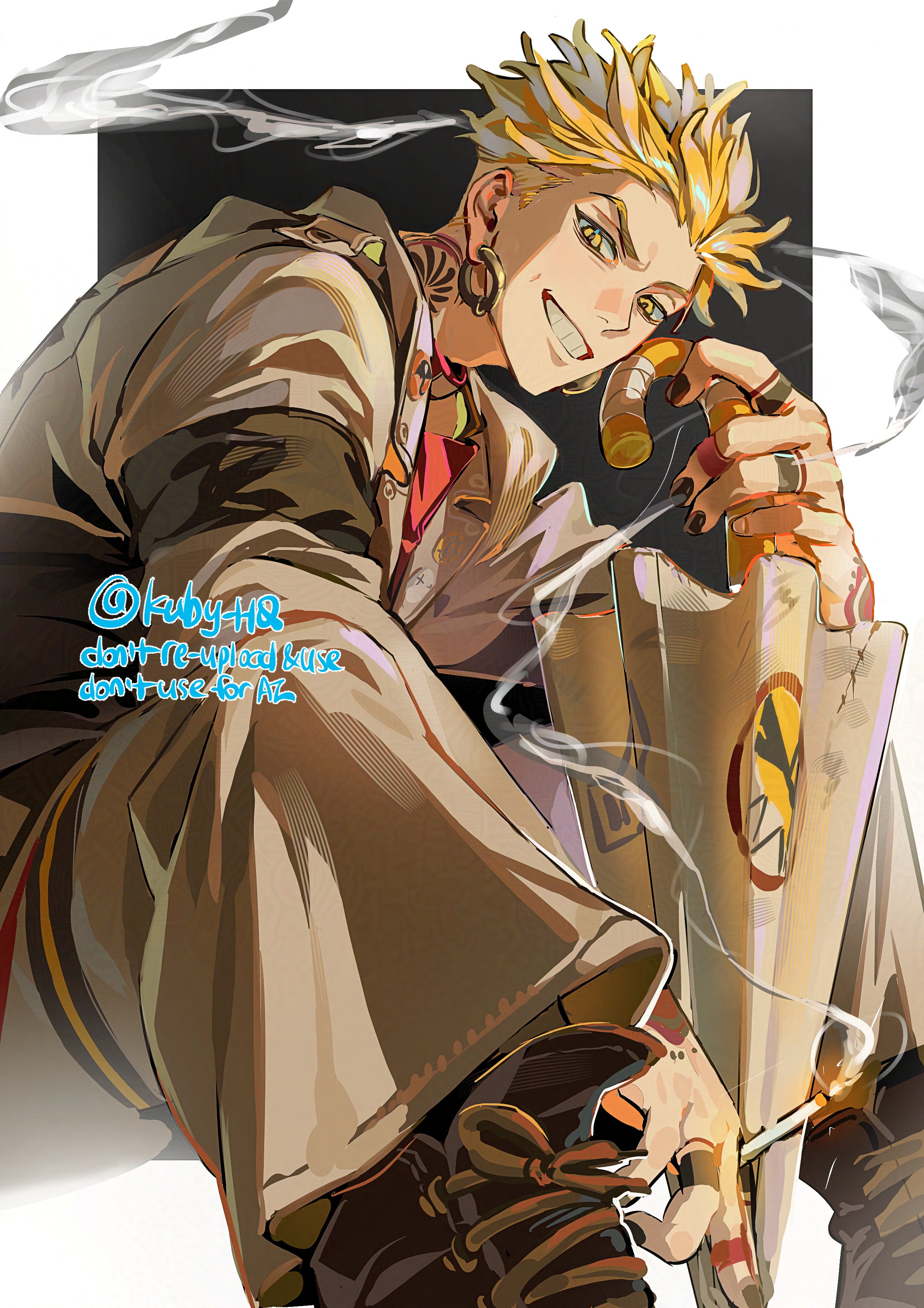 kuby hq, enjin (gachiakuta), gachiakuta, absurdres, highres, 1boy, black boots, blonde hair, boots, closed umbrella, earrings, finger tattoo, grin, holding, holding umbrella, jewelry, knees up, long sleeves, looking at viewer, neck tattoo, sitting, smile, smoke, smoking, solo, tattoo, umbrella, undercut, yellow eyes